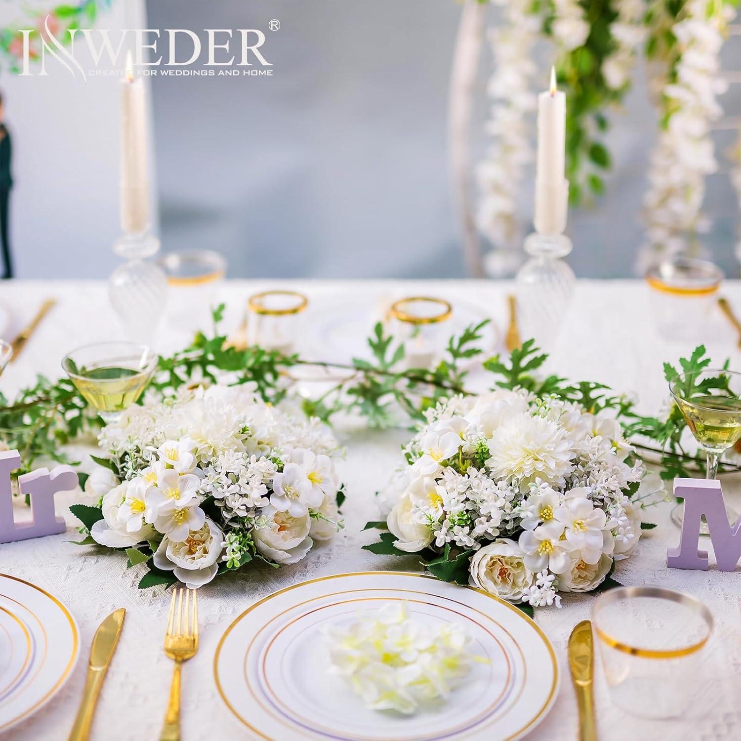 Nuptio Set of 10 White Rose Artificial Flower Kissing ball, 15 Heads Fake Peony Silk Flowers Bouquet for Centerpiece Wedding Birthday Party Home Table Decor