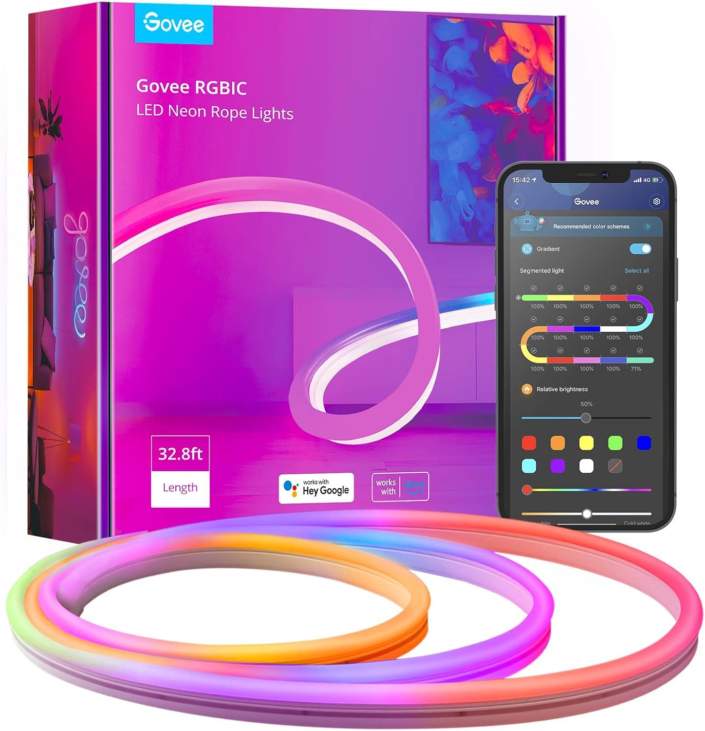 Govee RGBIC Neon Rope Light, 10ft LED Strip Lights, Music Sync, DIY Design, Works with Alexa, Google Assistant, Neon Lights for Gaming Room Living Bedroom Wall Decor (Not Support 5G WiFi)