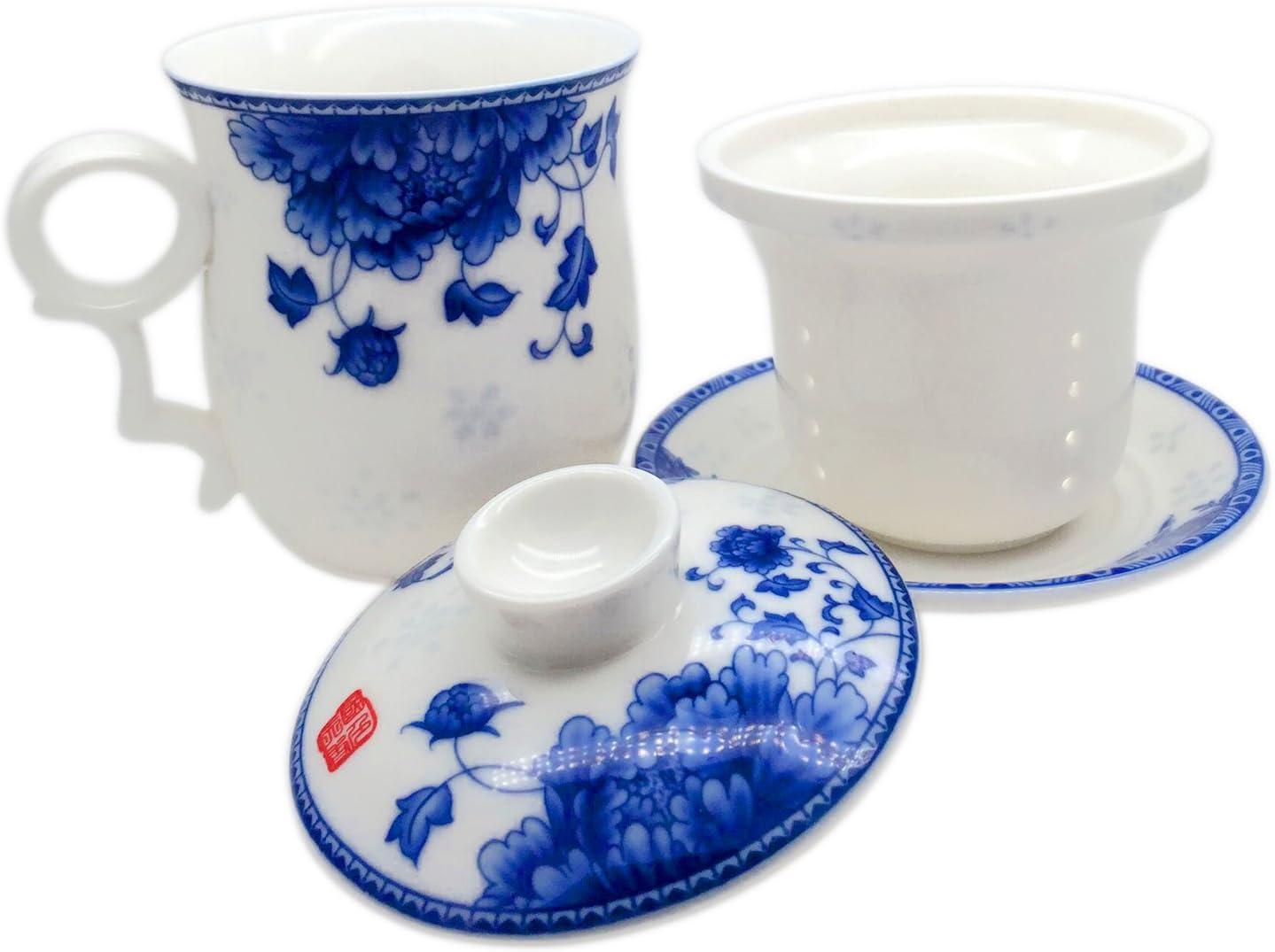 Porcelain Tea Cup with Infuser Lid and Saucer Sets - Chinese Jingdezhen Ceramics Coffee Mug Teacup Loose Leaf Tea Brewing System for Home Office