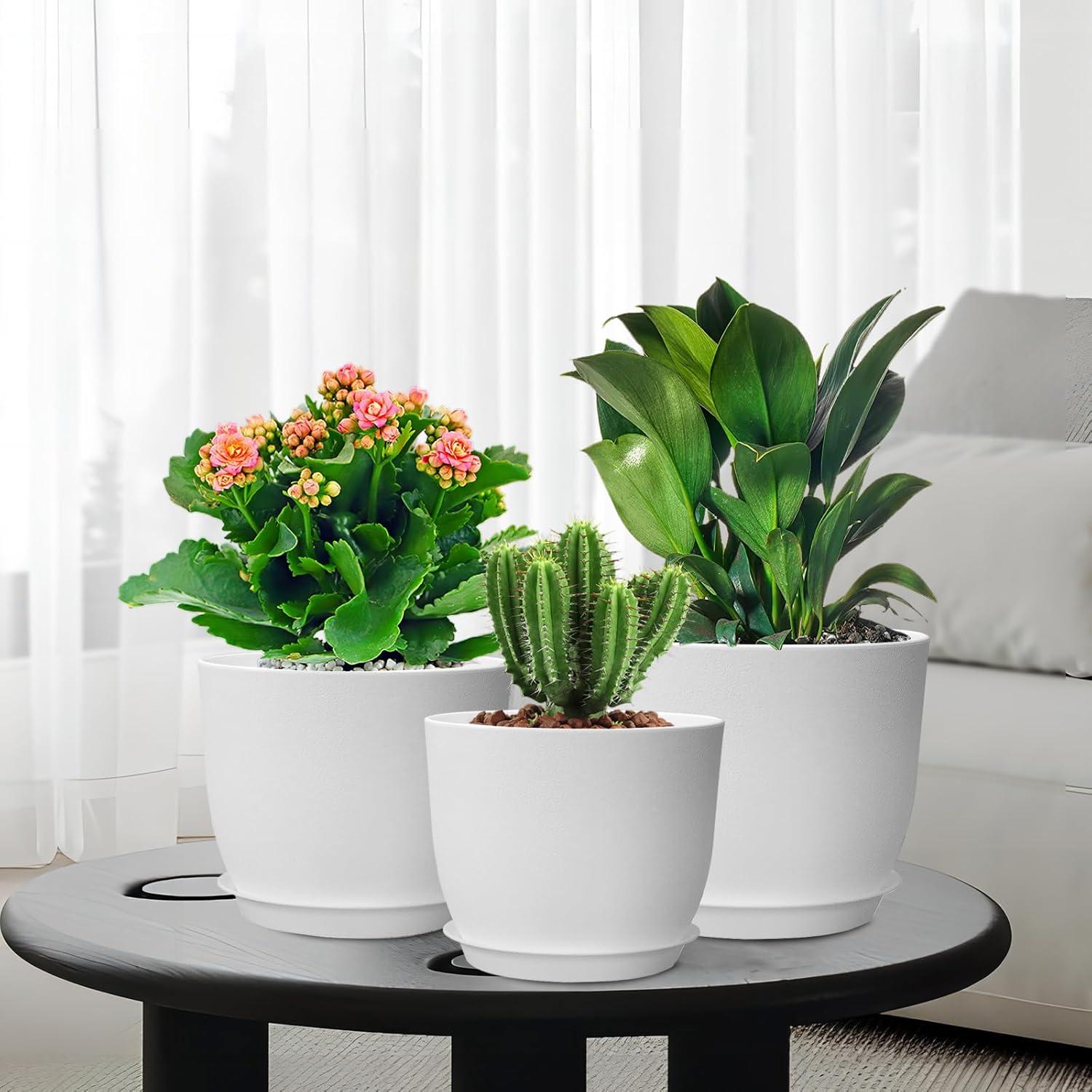 White Round Plastic Indoor/Outdoor Planter Set with Drainage Holes