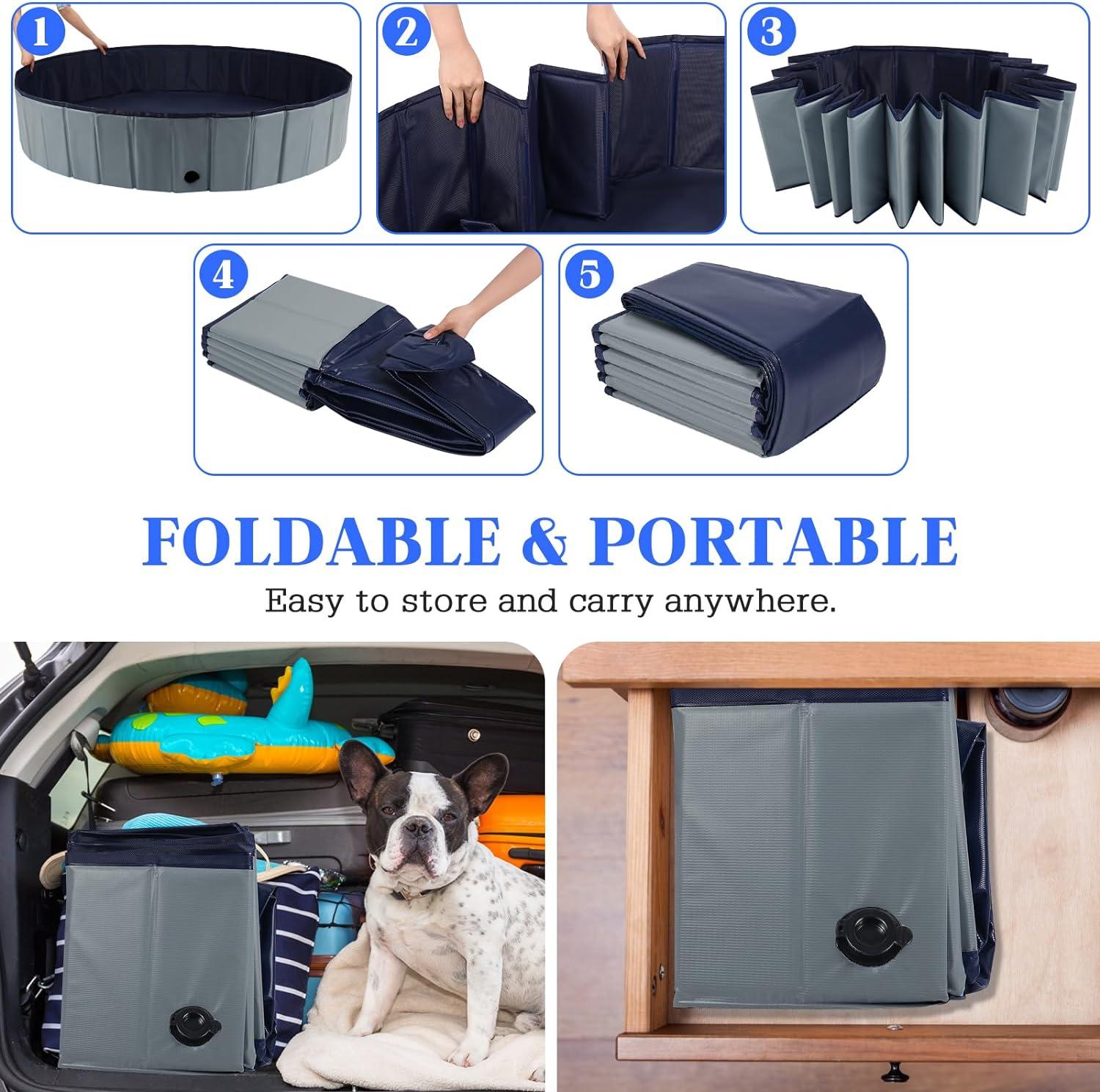 Foldable Dog Bath Swimming Pool Plastic Kiddie Pool Professional Tub Collapsible Grooming Bathtub for Pets Kids Baby and Toddler, 32 x 8 Inches Blue