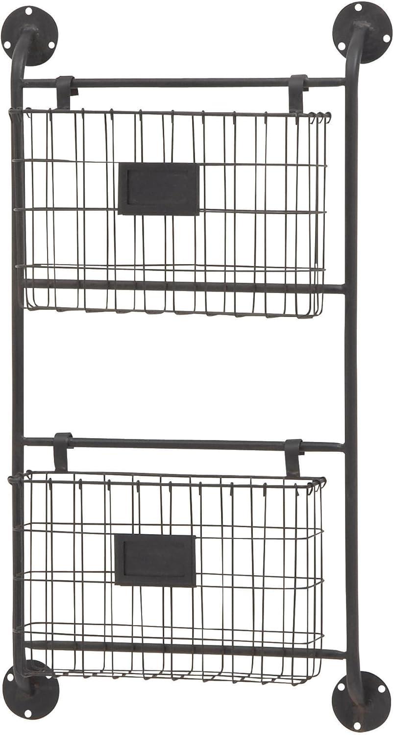 DecMode 28" Black Metal 2 Slots Magazine Rack Holder with Suspended Baskets and Label Slot