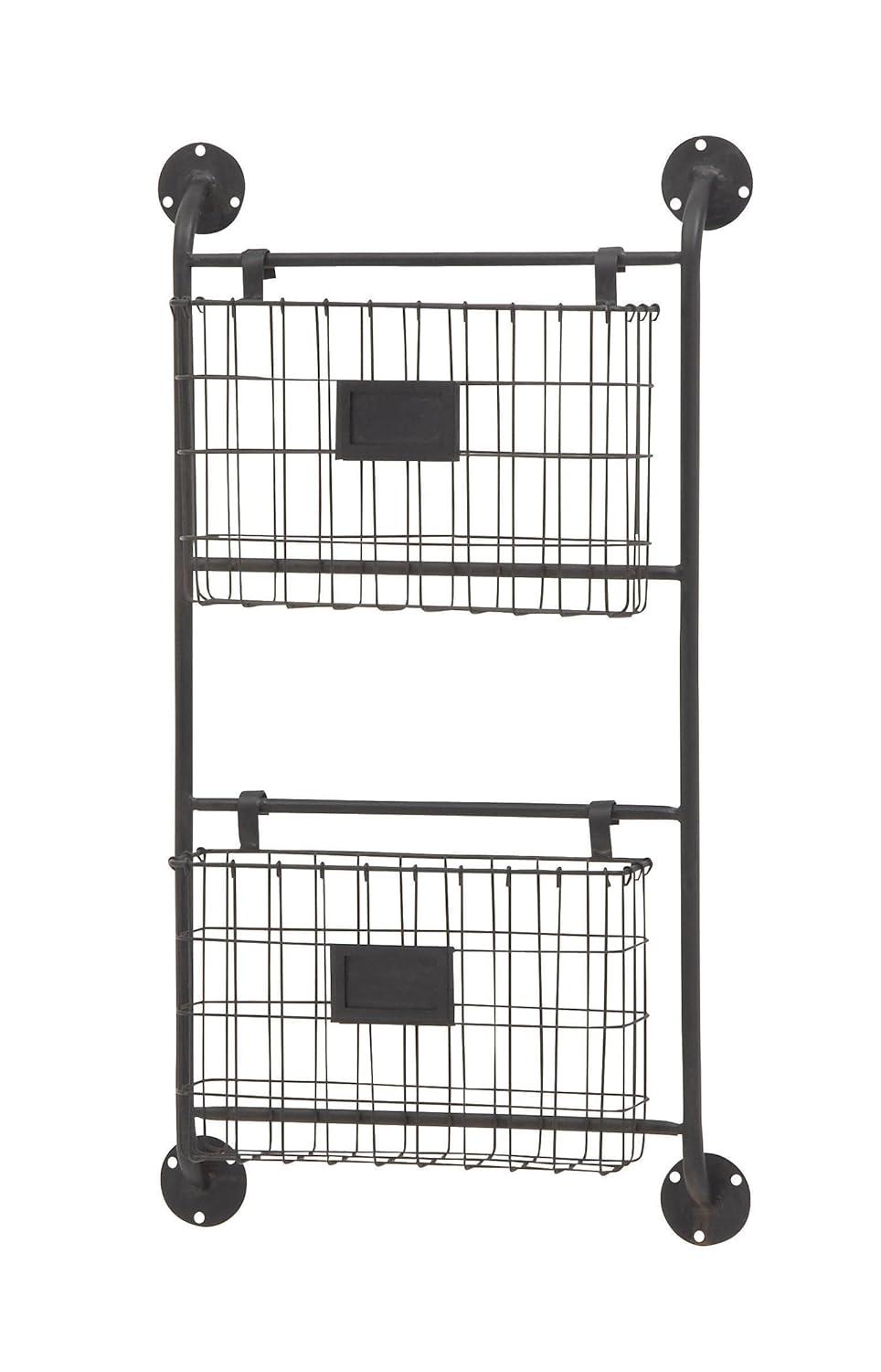DecMode 28" Black Metal 2 Slots Suspended Wire Basket Magazine Rack Holder with Suspended Baskets and Label Slot