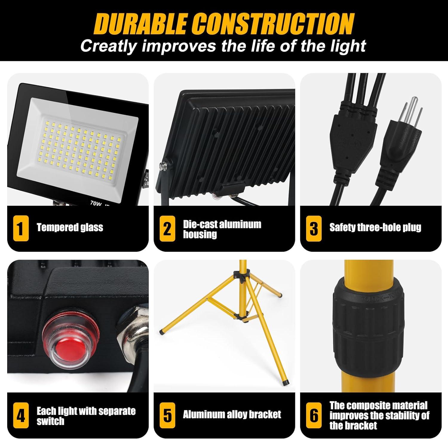 21000 Lumen Work Lights with Stand，3 Adjustable Head LED Work Light, with Adjustable and Foldable Tripod Stand, Waterproof Lamp with Individual Switch with 6500 Kelvin Color Temperature