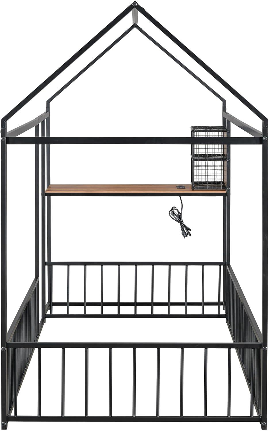 Full Floor Bed with Door and Fence, Metal Montessori Bed Full Size, Kids Montessori Floor Bed with Roof/House for Kids, Girls, Boys, White