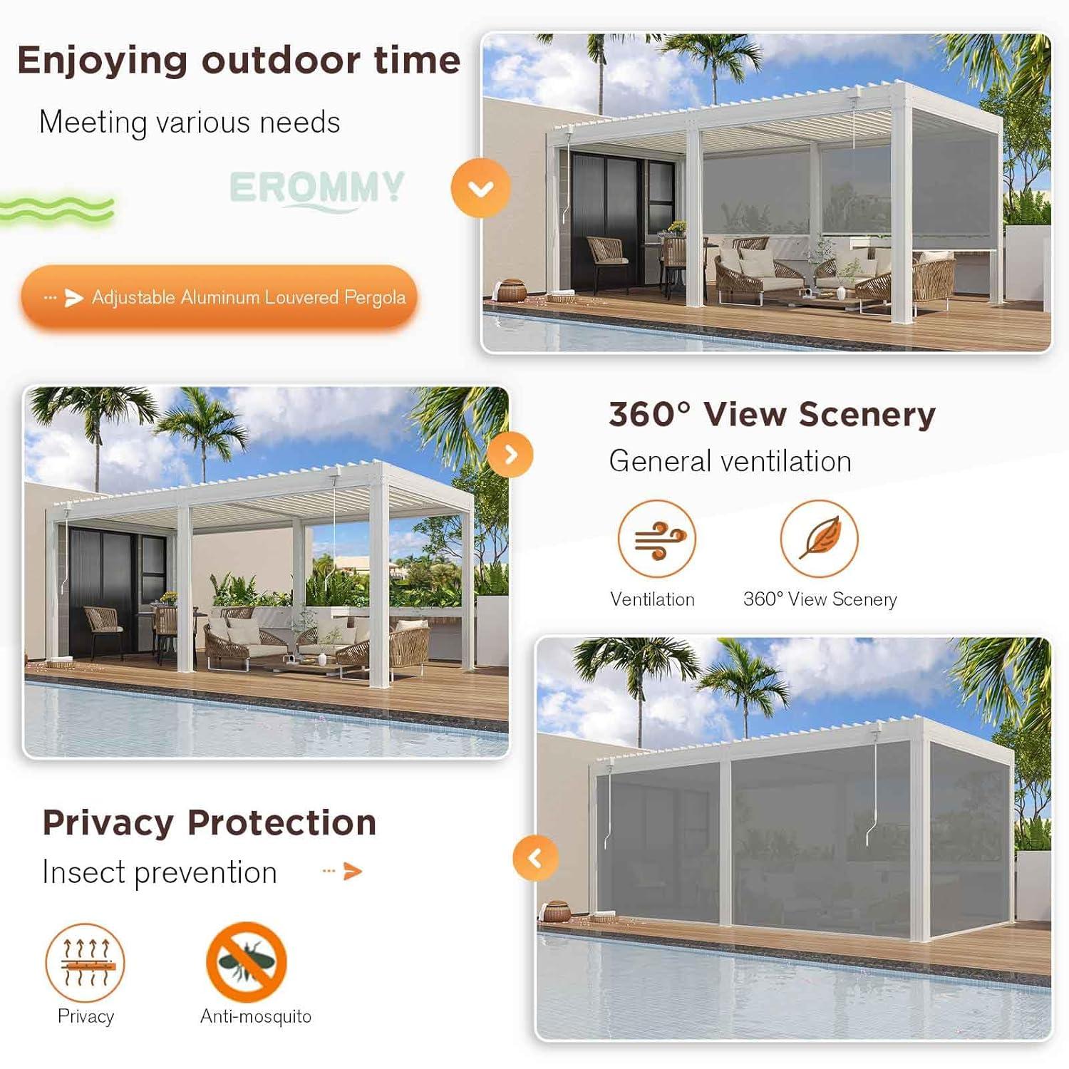 Erommy  Outdoor Louvered Pergola Gazebo with Adjustable Aluminum Rainproof Roof 10'x20' Pull Down - White