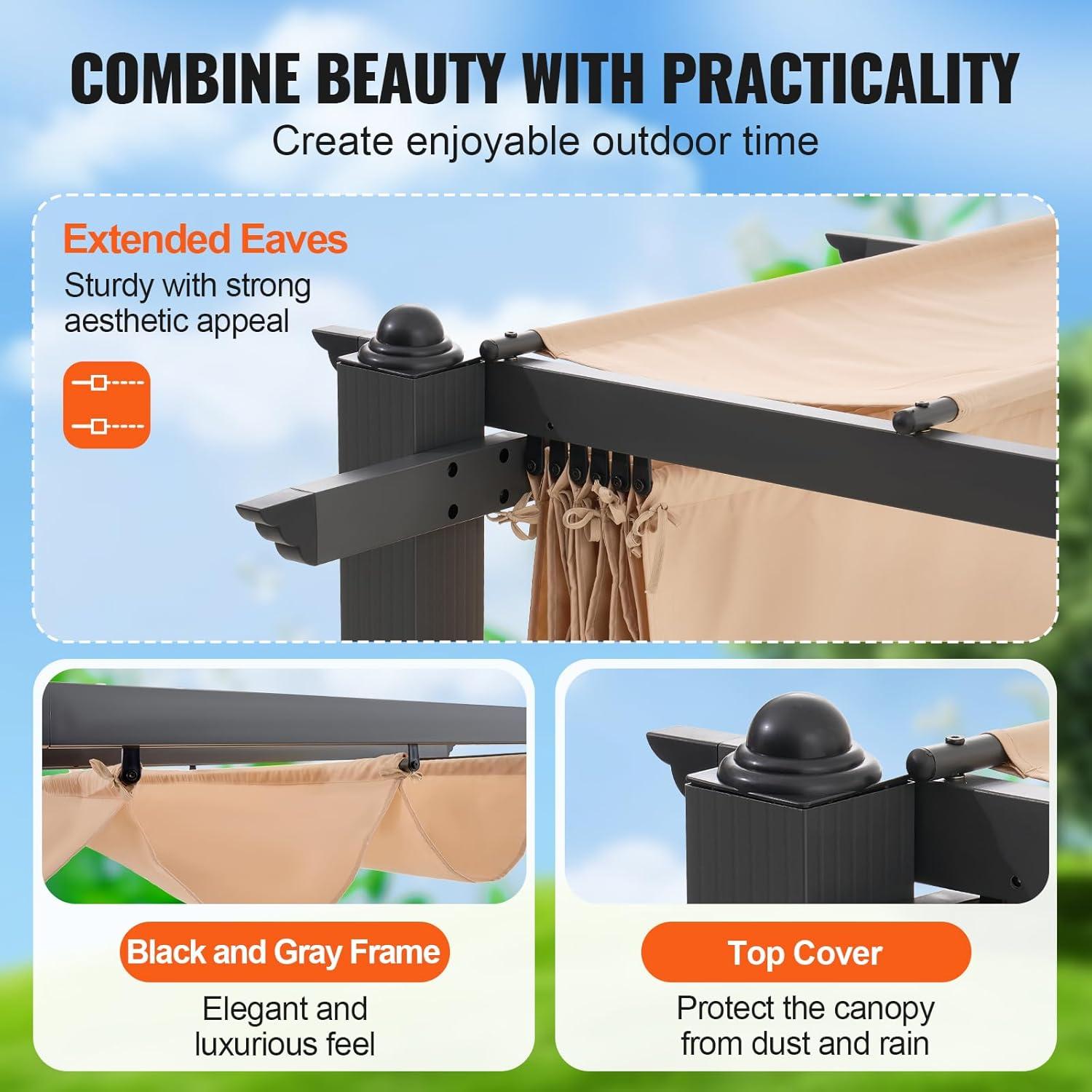 VEVOR 10'x13' Outdoor Retractable Pergola with Canopy, Aluminum Pergola with Retractable Canopy, Modern Pergola with Sun Shade Canopy, Bule