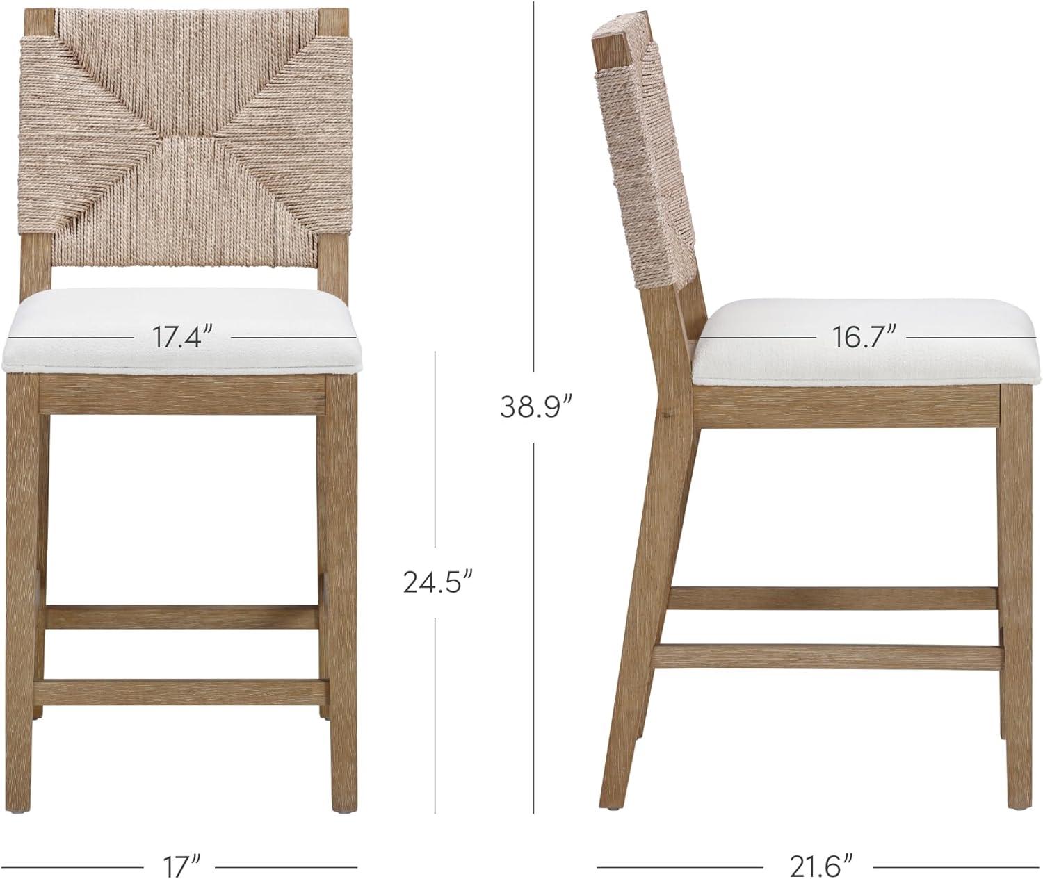 Nathan James Beacon Counter Height Barstool Seagrass Cream Boucle: Woven Backrest, Rubberwood Frame