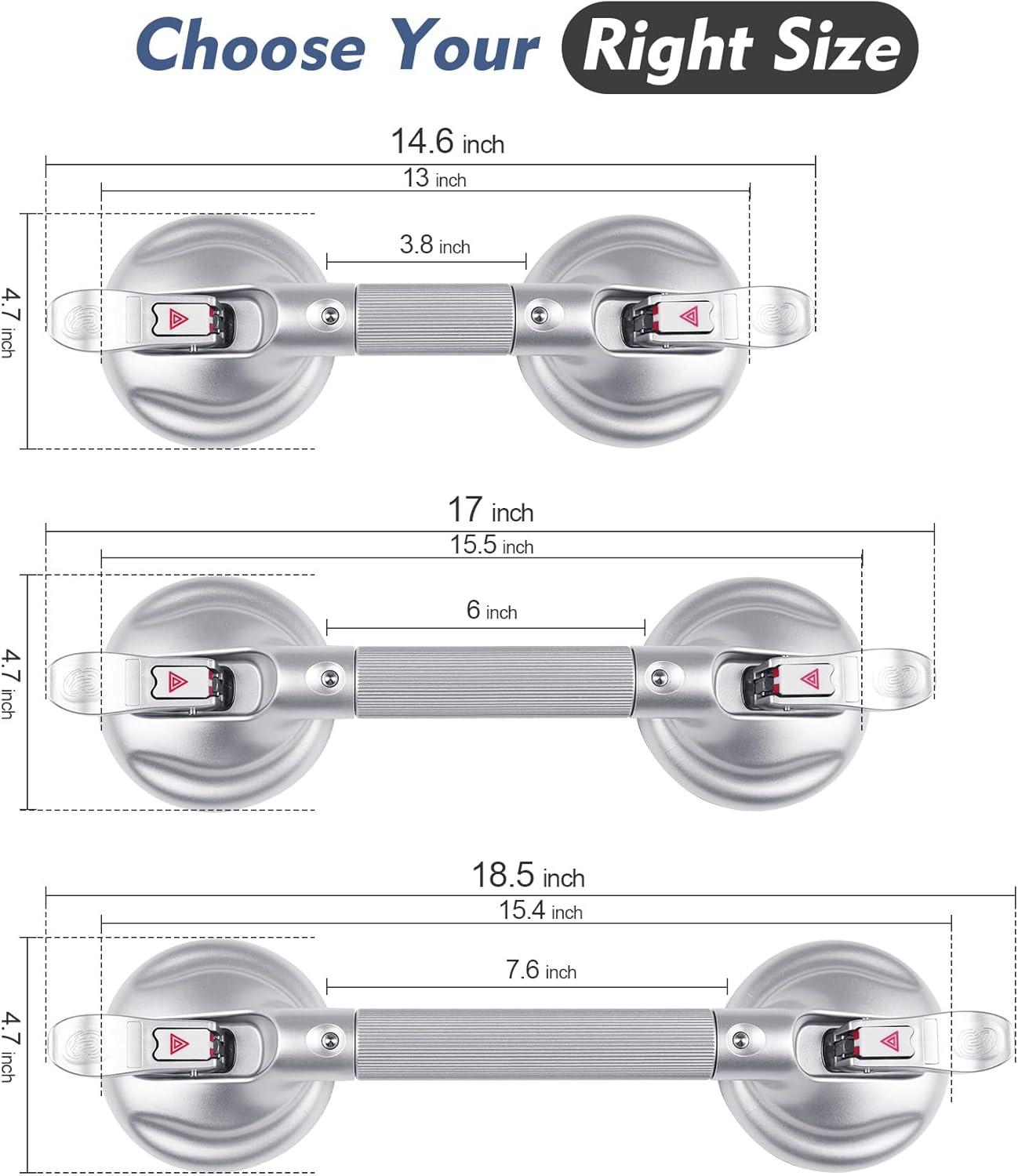 Grab Bars for Bathtubs and Showers, 18.5-inch Upgraded Safety Suction Grab Bar for Shower, Tools-Free Installation for Bathroom Wall, Shower Handles for Elderly with Enlarged Suction Cup - Silver