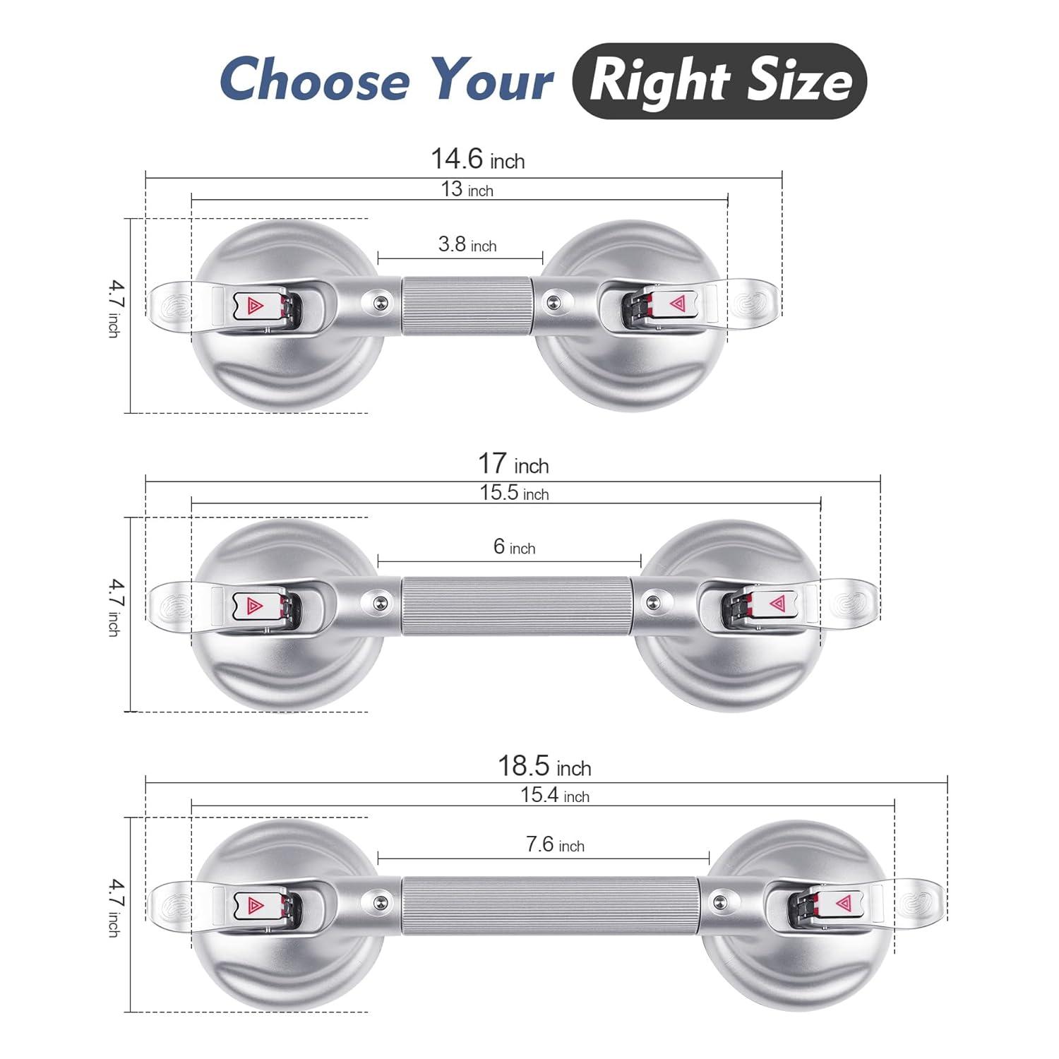 Grab Bars for Bathtubs and Showers, 18.5-inch Upgraded Safety Suction Grab Bar for Shower, Tools-Free Installation for Bathroom Wall, Shower Handles for Elderly with Enlarged Suction Cup - Silver