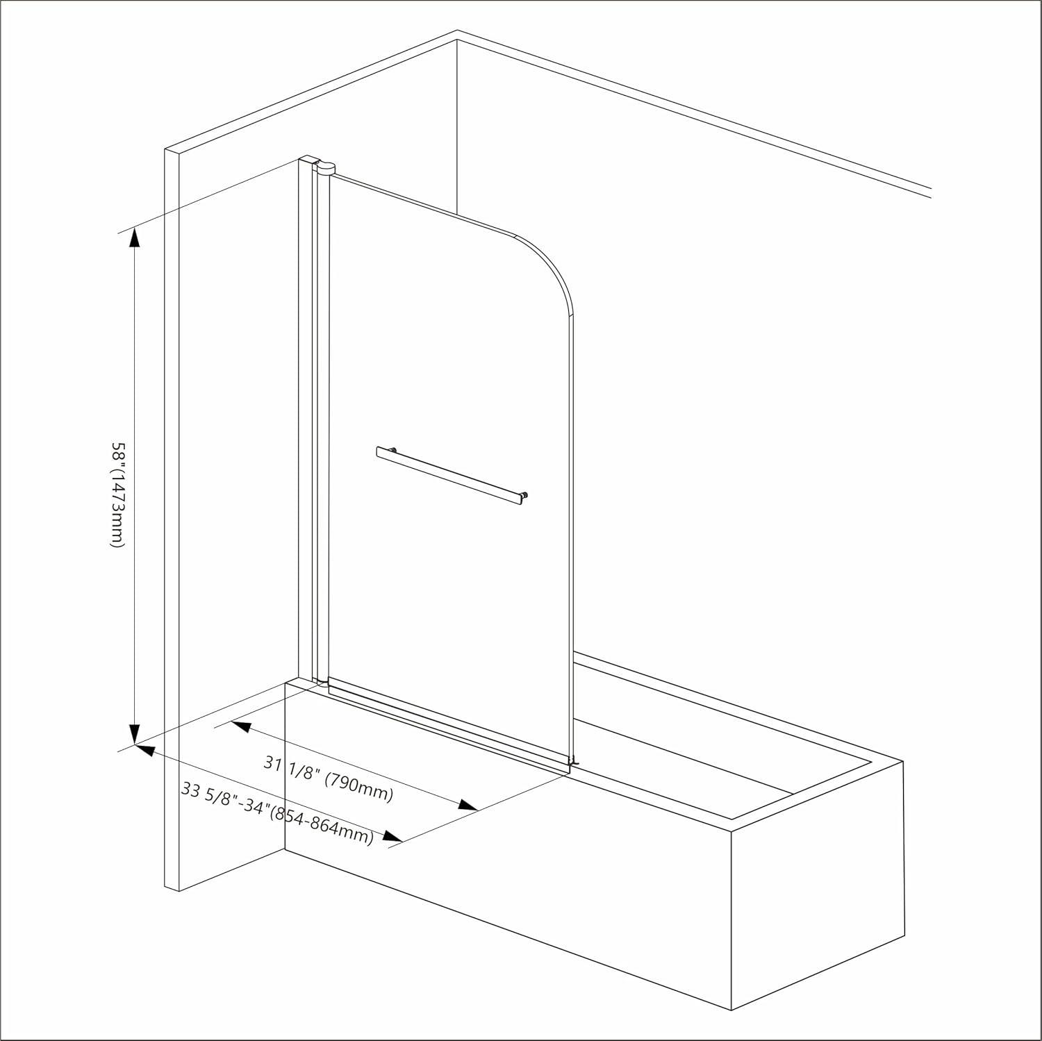 43" W x 58" H Frameless Glass Hinged Bathtub Shower Door with Clear Tempered Glass