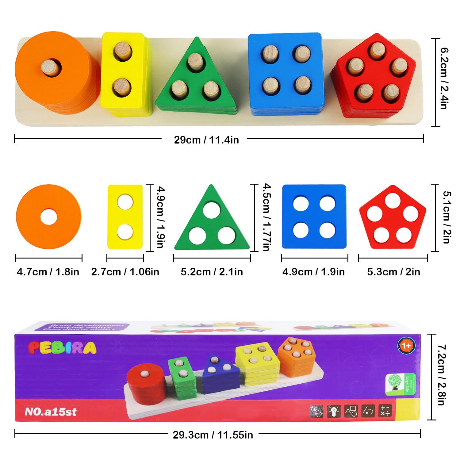 PEBIRA Montessori Toys for 1 to 3-Year-Old Boys Girls Toddlers, Wooden Sorting & Stacking Toys for Toddlers and Kids Preschool, Educational Color Recognition Shape Sorter, Learning Puzzles Gift