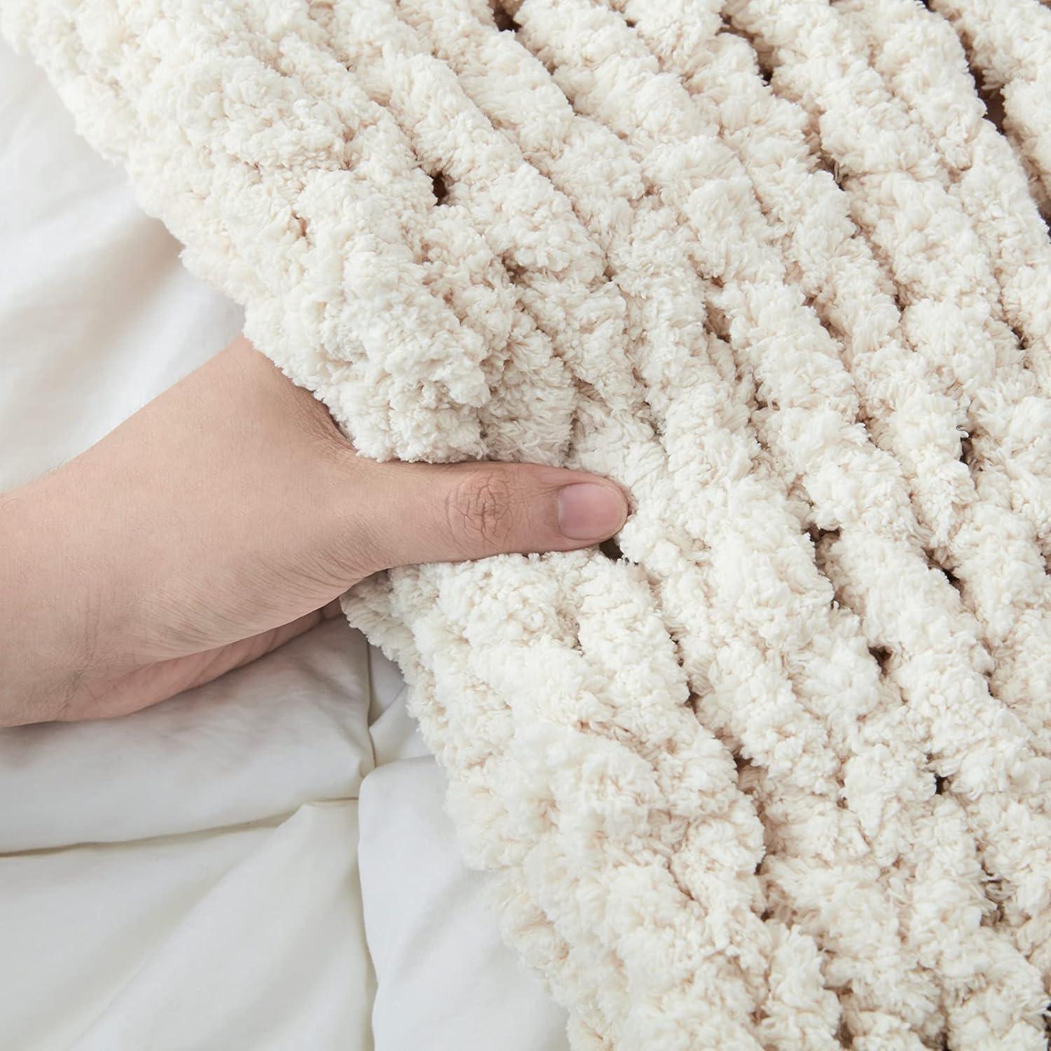 Beige Chunky Knit Chenille Throw Blanket 40x50