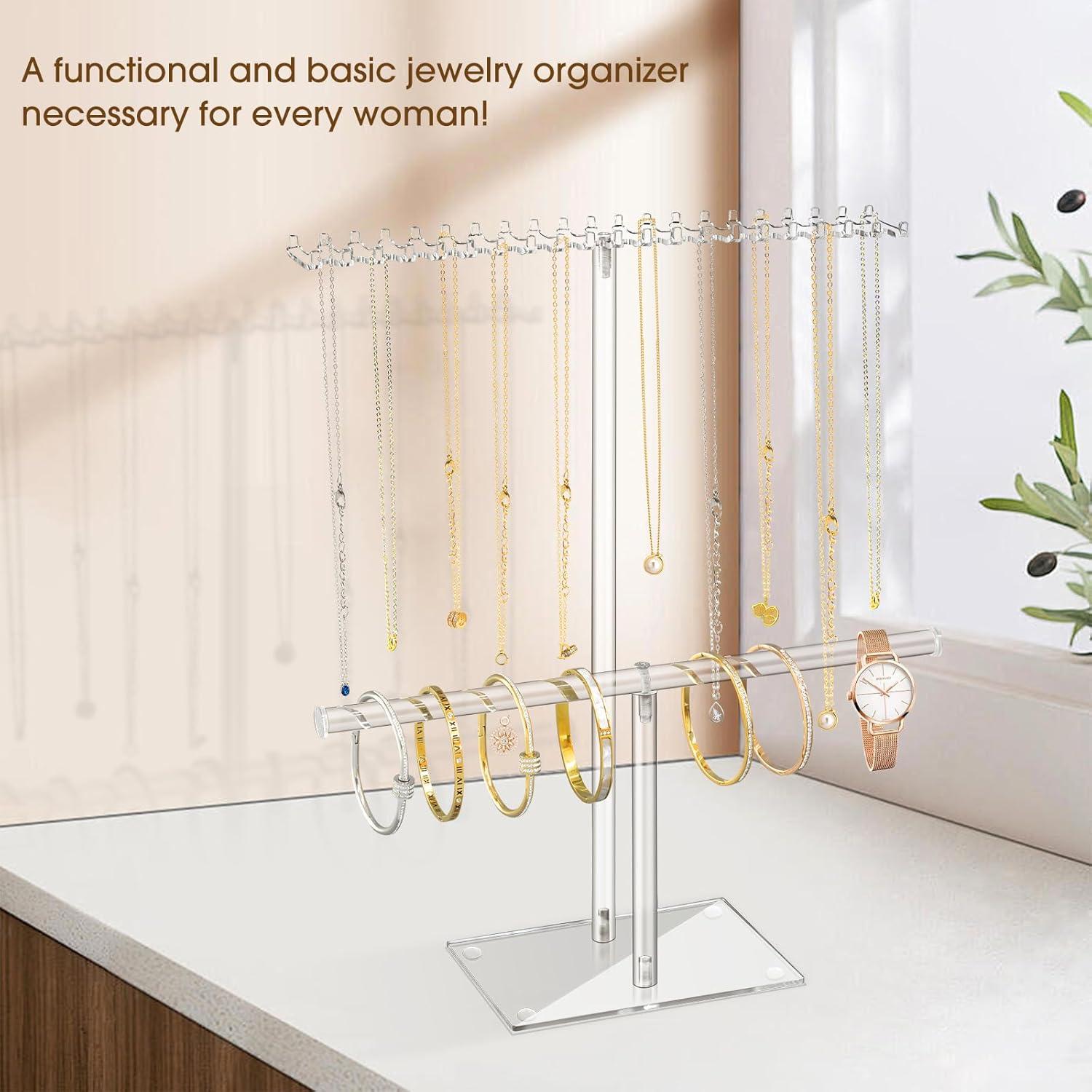 Premium Jewelry Stand , Solid Clear 2-Tier Acrylic Jewelry Organizer Stand & Bracelet holder Stand for Necklace Display, Ring & Watch Display