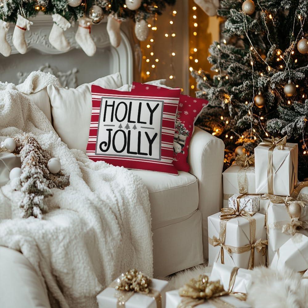 BEAUTY Merry Christmas Throw Pillow Covers 18 x 18 Inch Set of 4  Red Barn Merry & Bright Xmas Farmhouse Holiday Pillowcases for Home Outdoor Decoration CP053-18