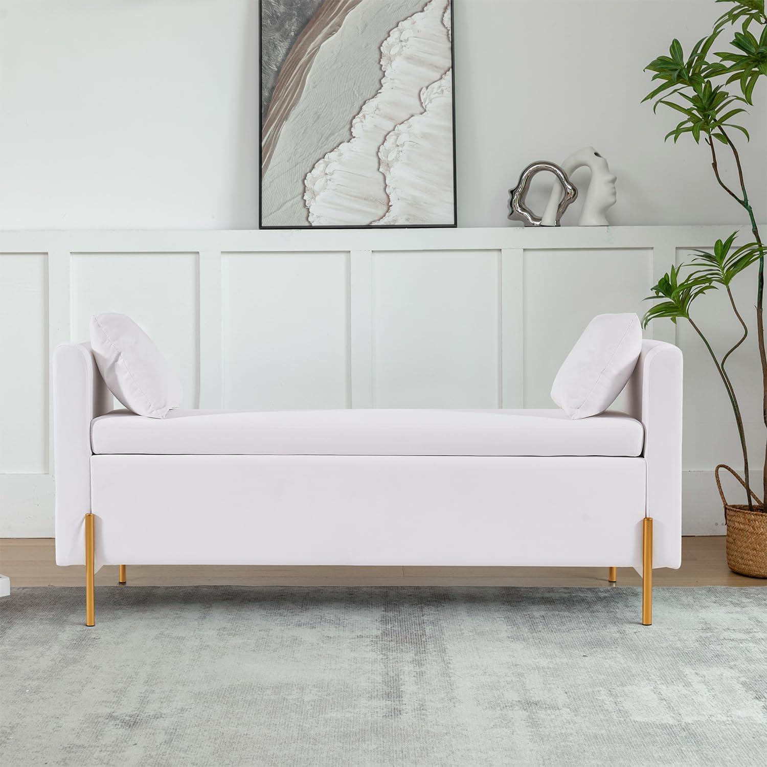 Ivory Upholstered Storage Bench with Pillows and Metal Legs