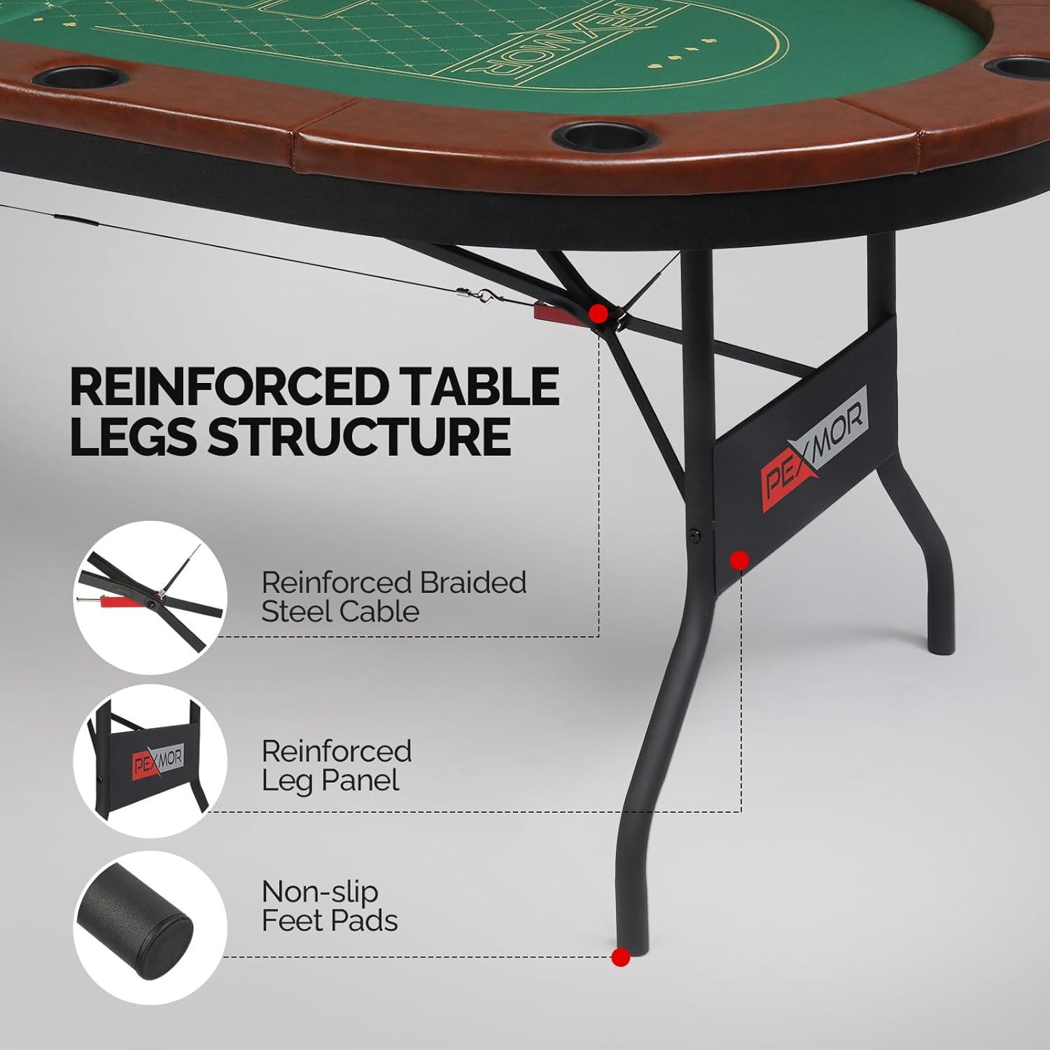 10 Player Foldable Poker Table with Cup Holders, Portable Texas Blackjack Holdem Poker Table with Chip Tray, Folding Casino Leisure Card Board Game Table with Padded Rails, Stylish Green Design