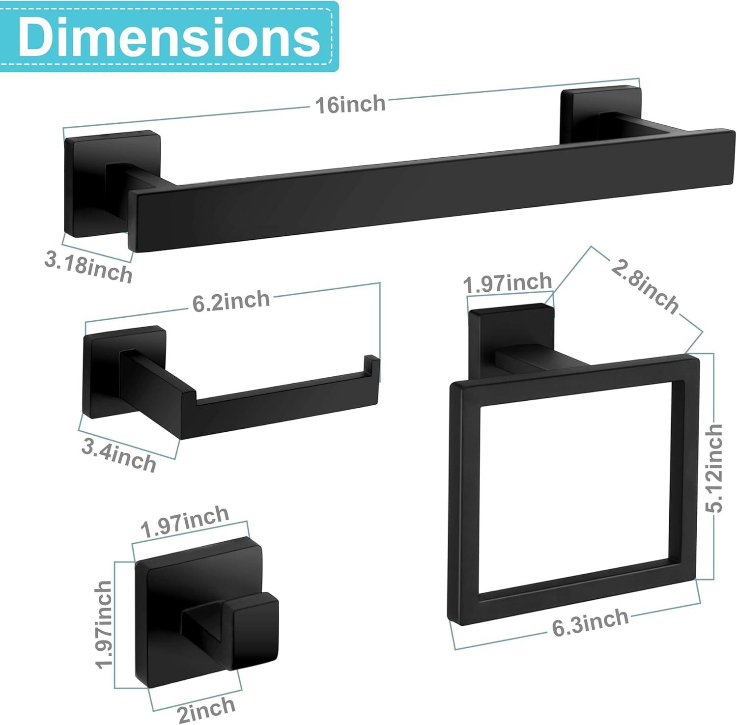 5 Pieces Square Matte Black Stainless Steel Bathroom Accessories Set Include 23.6 in Towel Bar, Toilet Paper Holder, Towel Ring, 2 Robe Towel Hooks