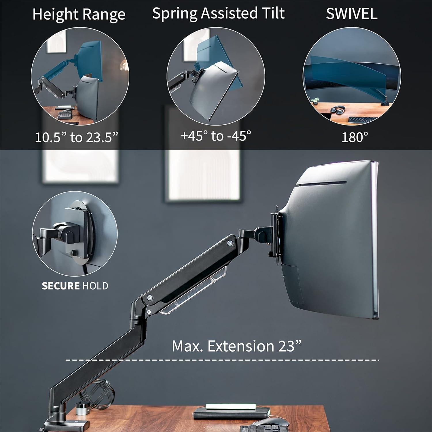 VIVO Aluminum Single Pneumatic Monitor Desk Mount, Fits Ultrawides up to 49"