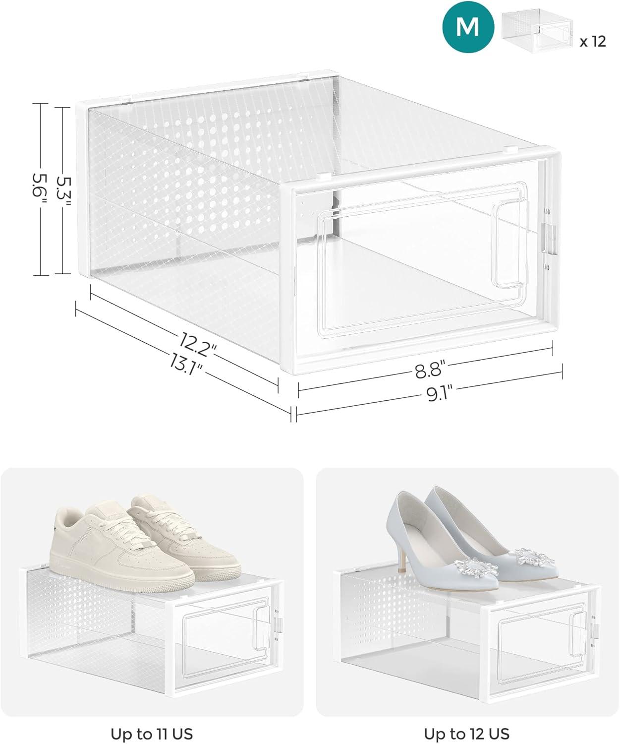 SONGMICS Shoe Boxes Pack of 12 Clear Stackable Plastic Shoe Storage Organizers Organizador De Zapatos Fit up to US Size 10 Transparent and Clear