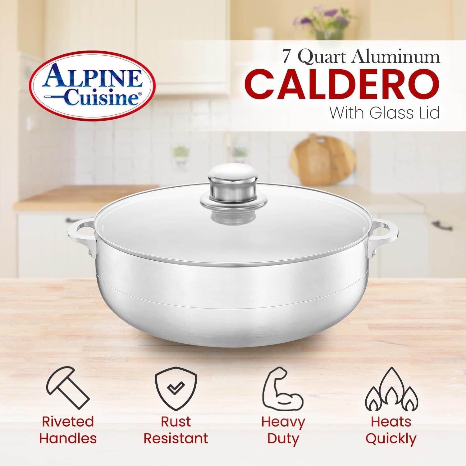 Alpine Cuisine 7-Quart Aluminum Caldero Stock Pot with Glass Lid, Cooking Dutch Oven Performance for Even Heat Distribution, Perfect for Serving Large & Small Groups, Riveted Handles Commercial Grade