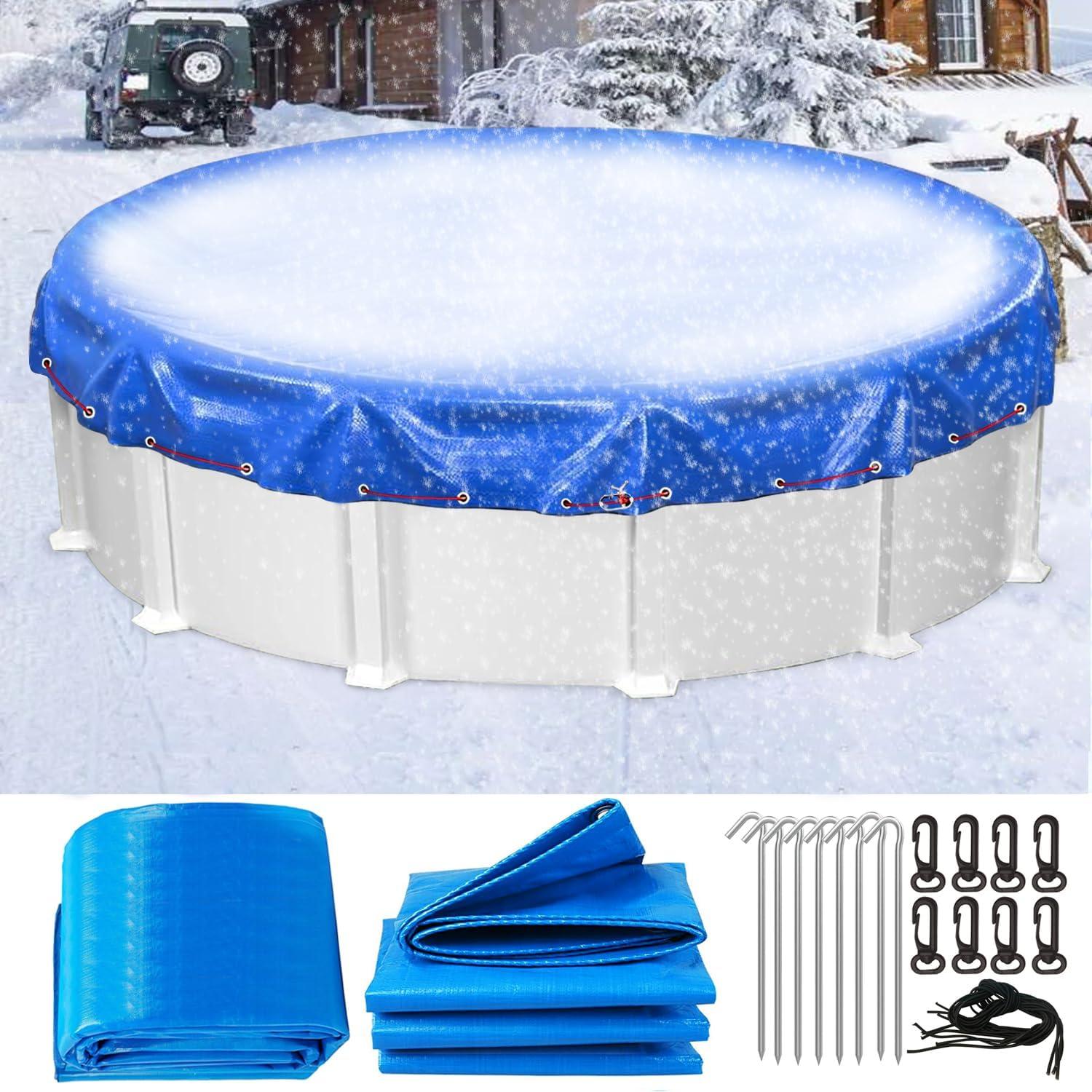 24ft Round Blue Above Ground Pool Cover with Steel Cable