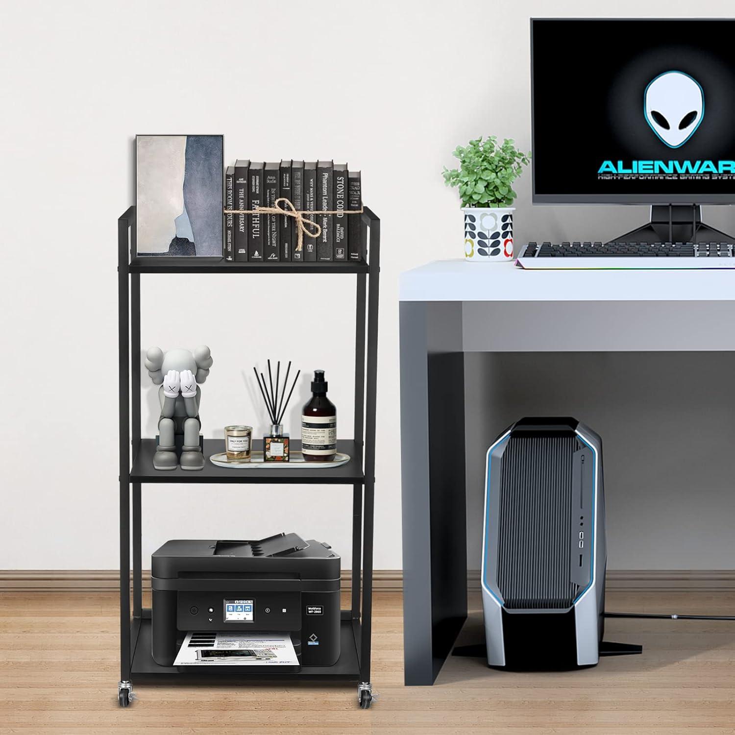 Black Adjustable 3-Tier Printer Stand with Storage Shelves