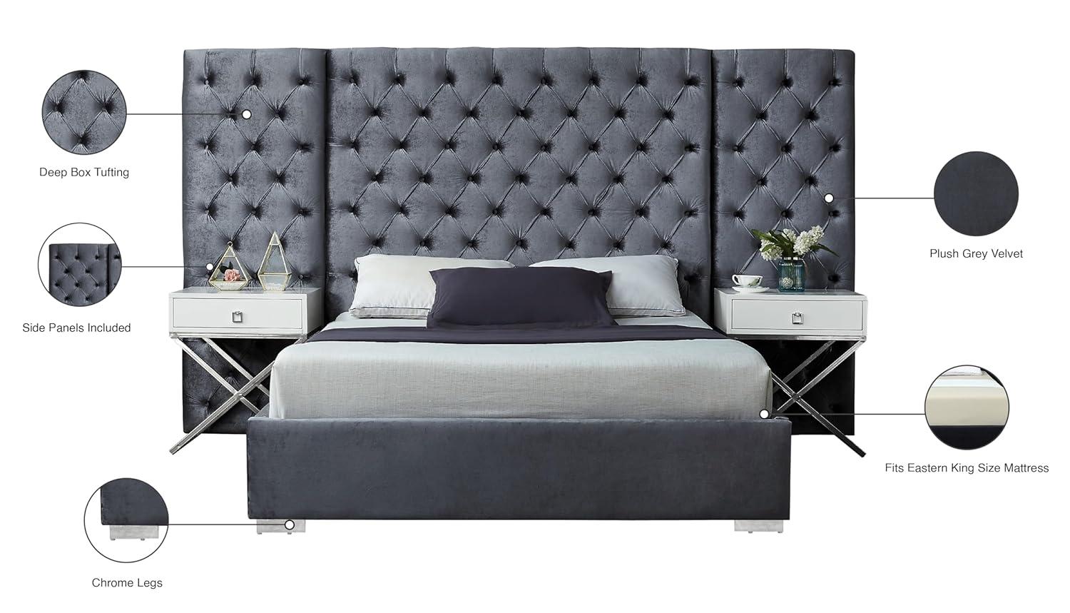 Meridian Furniture Grande Solid Wood and Velvet King Bed in Gray