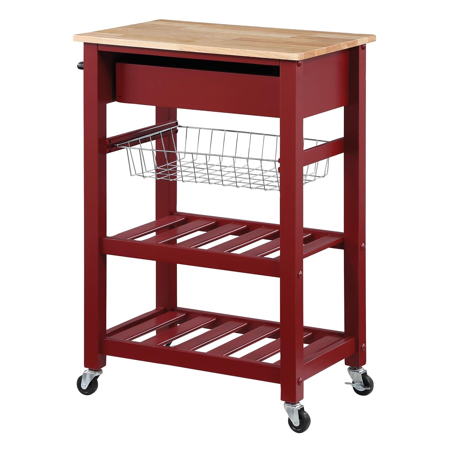 Hampton Engineered Wood Kitchen Cart With Wood Top and Red Base