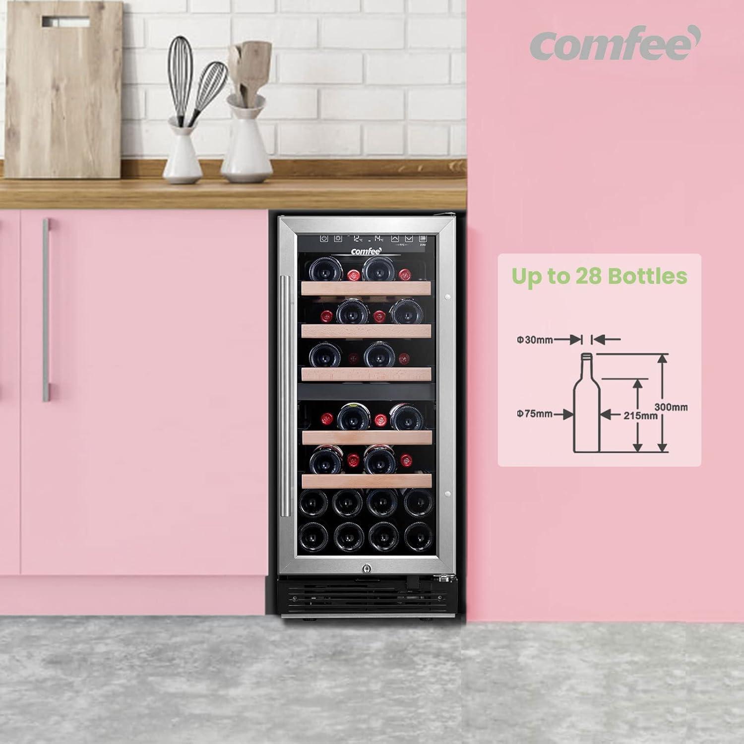 Comfee 28-Bottle Dual Zone Free Standing Beverage and Wine Cooler, Stainless Steel