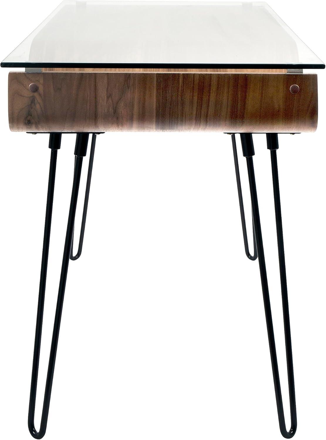 LumiSource Avery Mid Century Modern Desk Walnut : Tempered Glass Top, Wood & Metal Frame, All Purpose Drawer