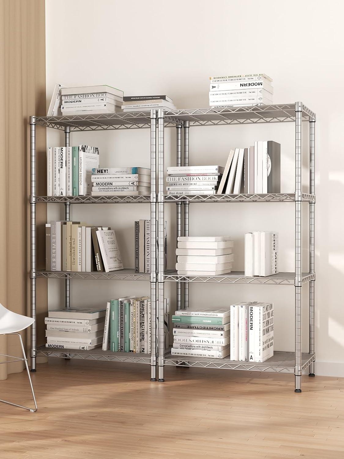 Silver Adjustable 4-Tier Wire Shelving Unit for Kitchen and Office