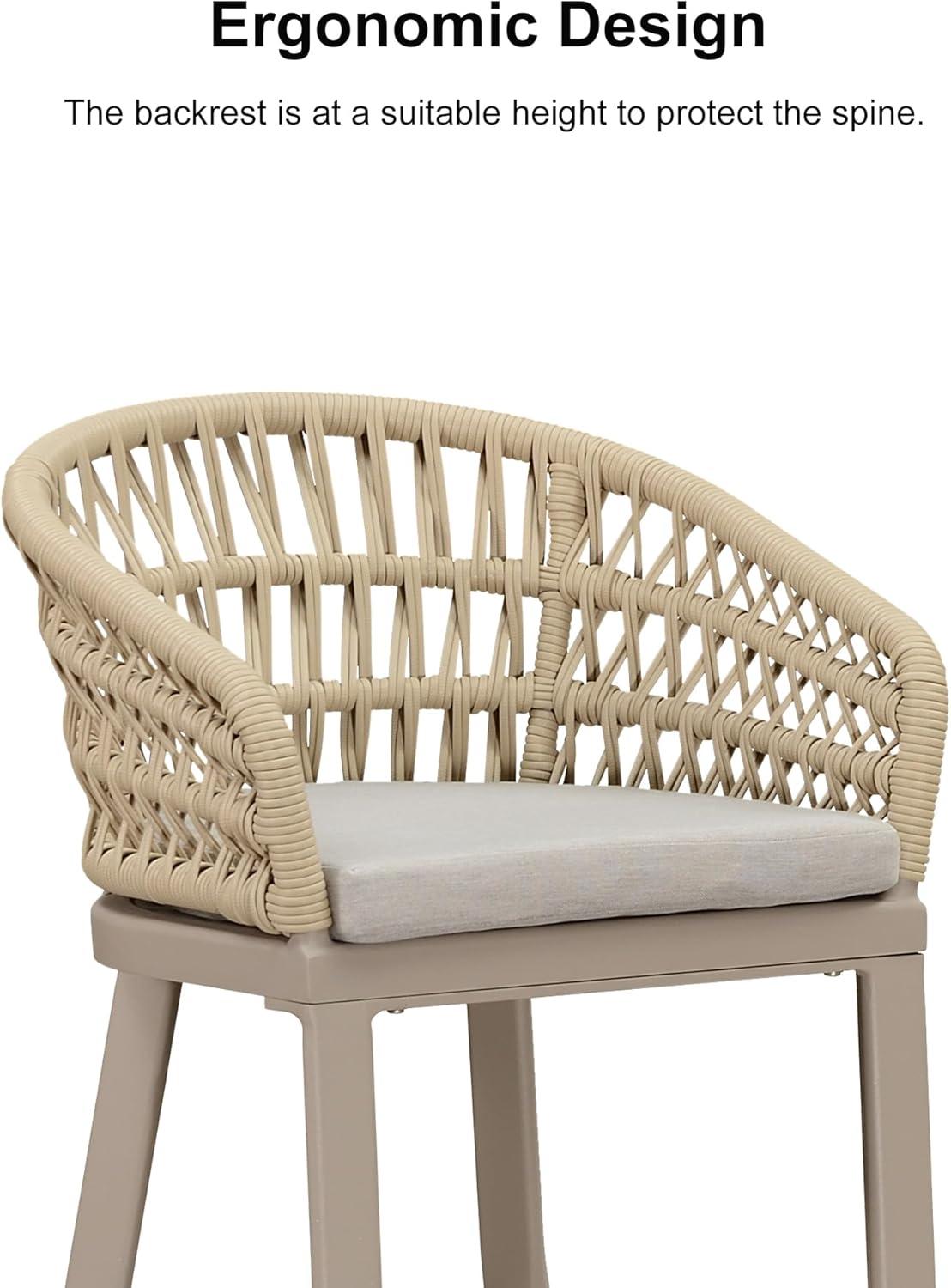 Champagne Aluminum and Rattan Bar Stools with Cushions, Set of 2