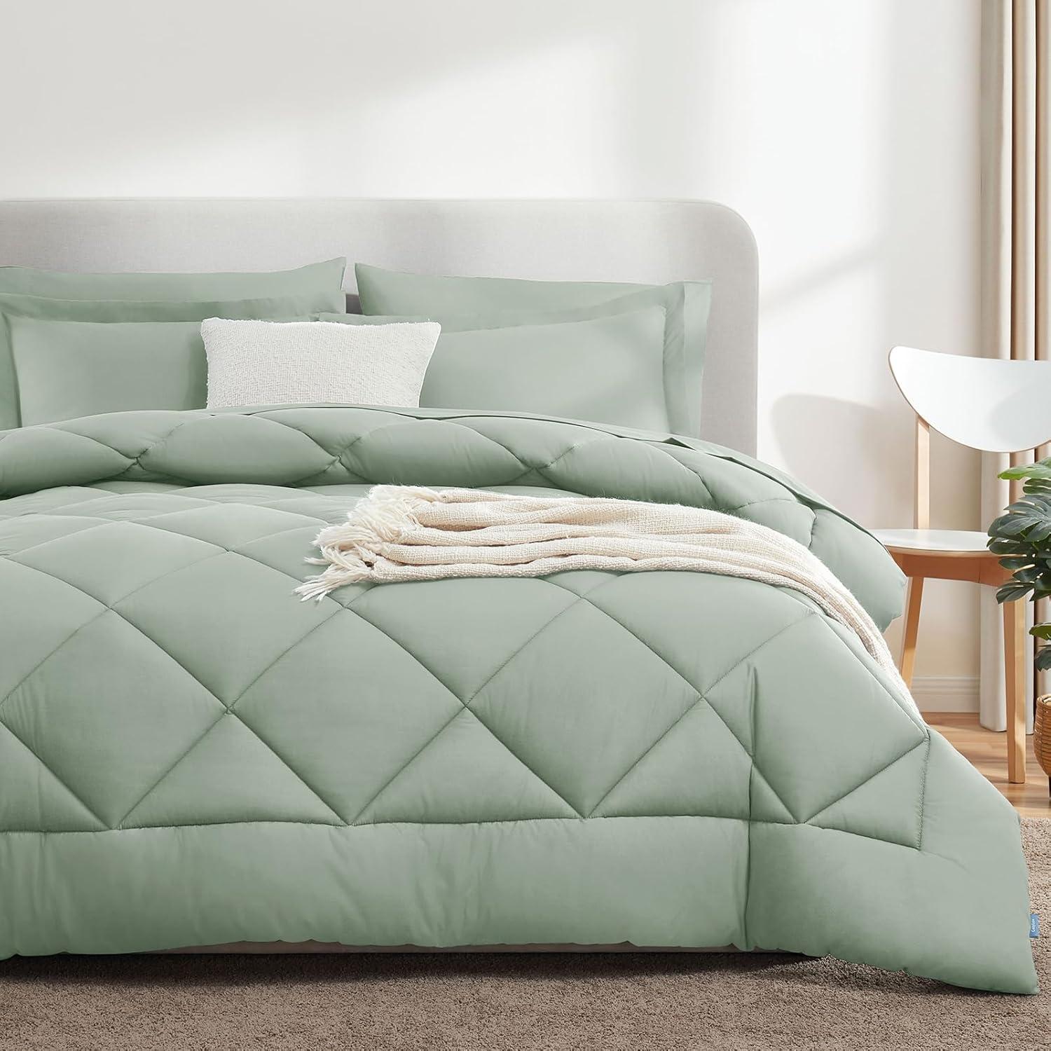 Cozy Comfort Sage Green Full Size Comforter Set - 7 Pieces Solid Full Bed in a Bag, Full Bed Set Sage Green with Quilted Warm Fluffy Comforters, Sheets, Pillowcases & Shams