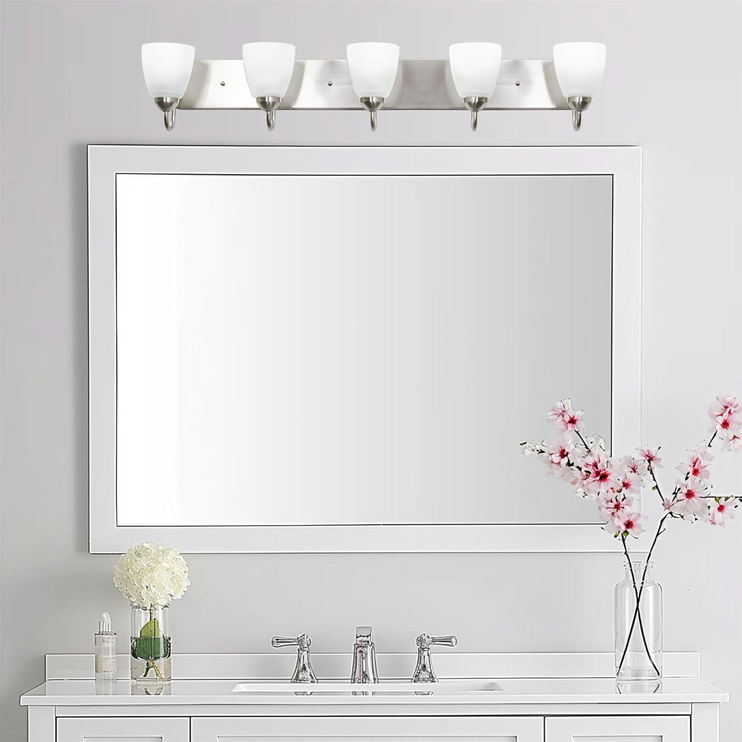 Kira Home Armada 37" 5-Light Over Mirror / Bathroom Light, Frosted Glass Shades, Curved Arms, Brushed Nickel
