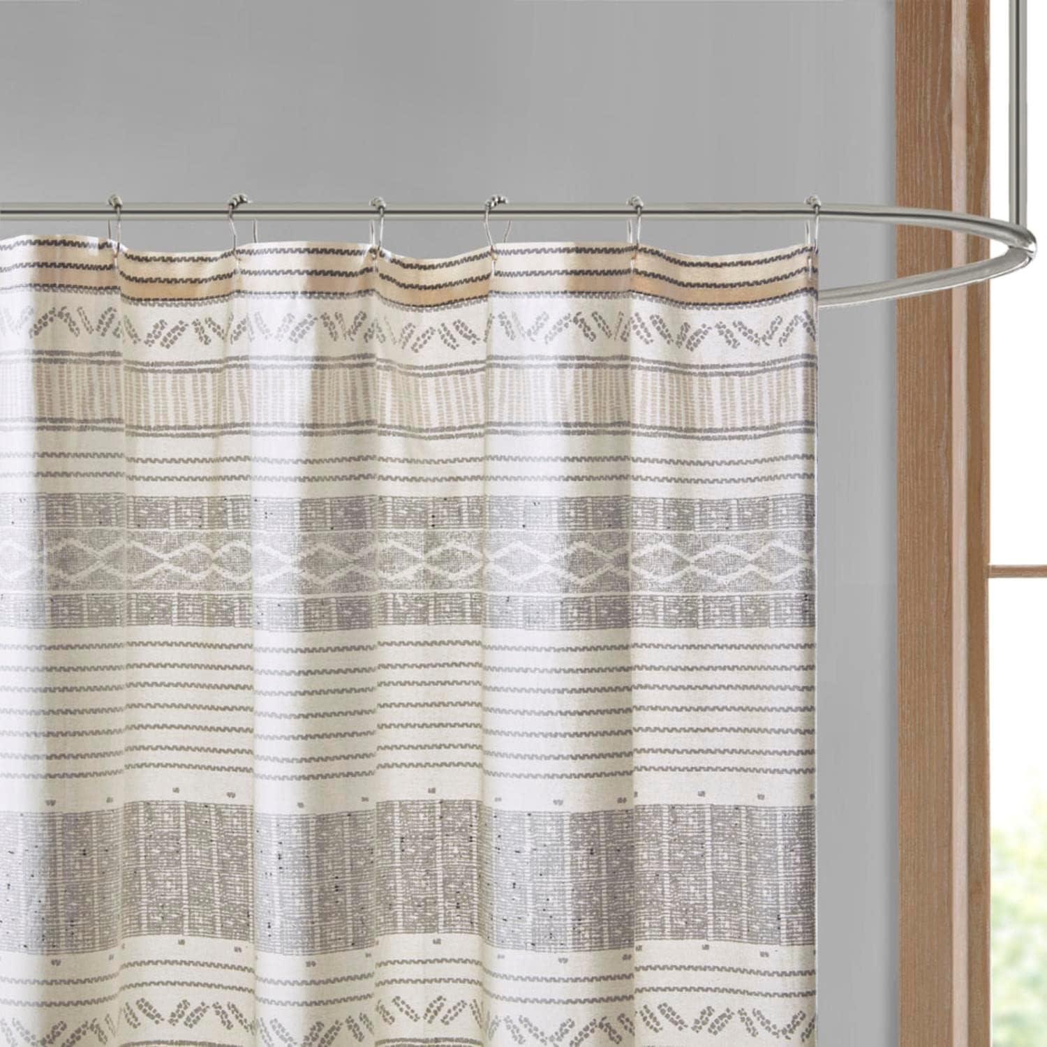 INK+IVY Cody Cotton Stripe Printed Shower Curtain with Tassel in Gray/Yellow