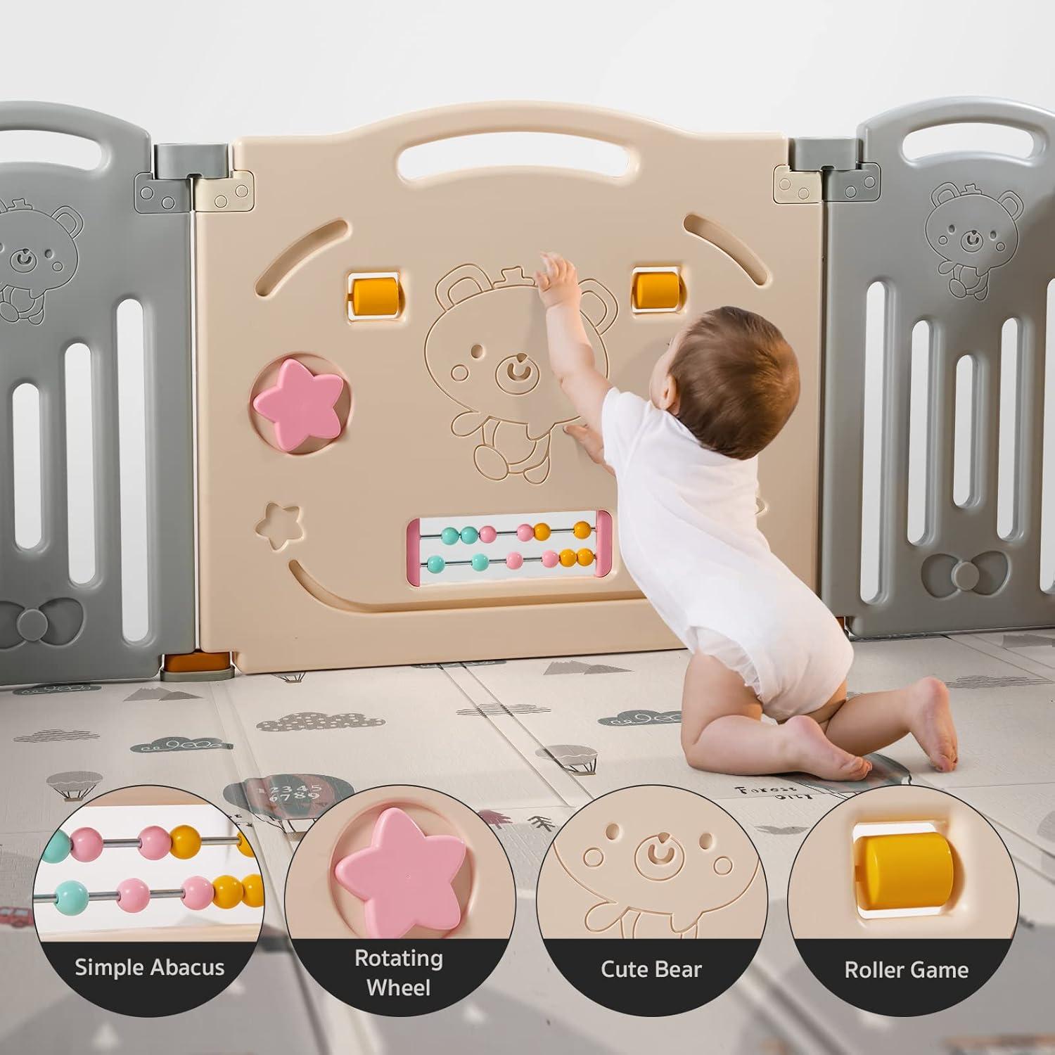 Extra Large Foldable Cream and Grey Baby Playpen with Gate