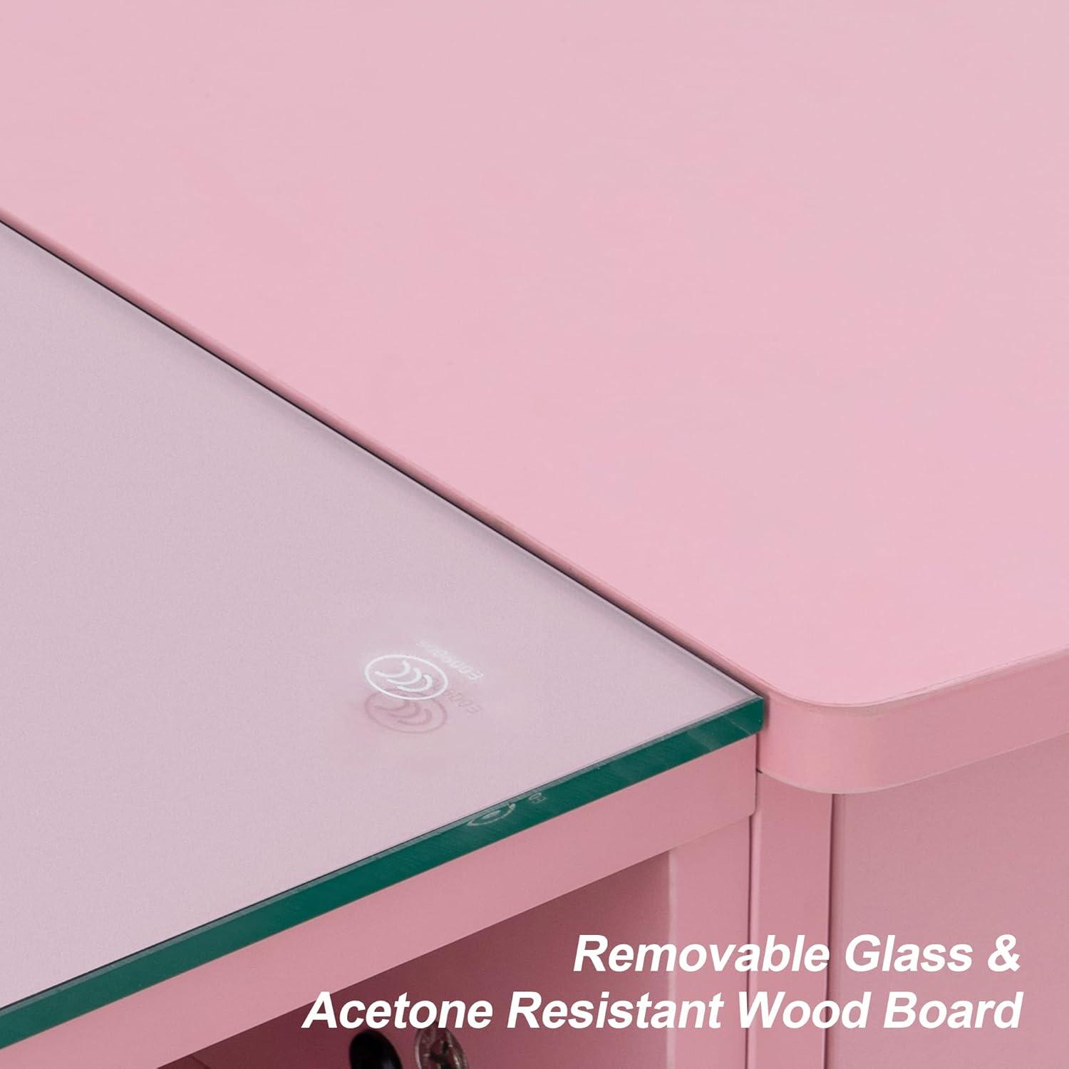 BarberPub Makeup Vanity Desk with Storage Drawer and Cabinet, Nail Desk with Glass Top