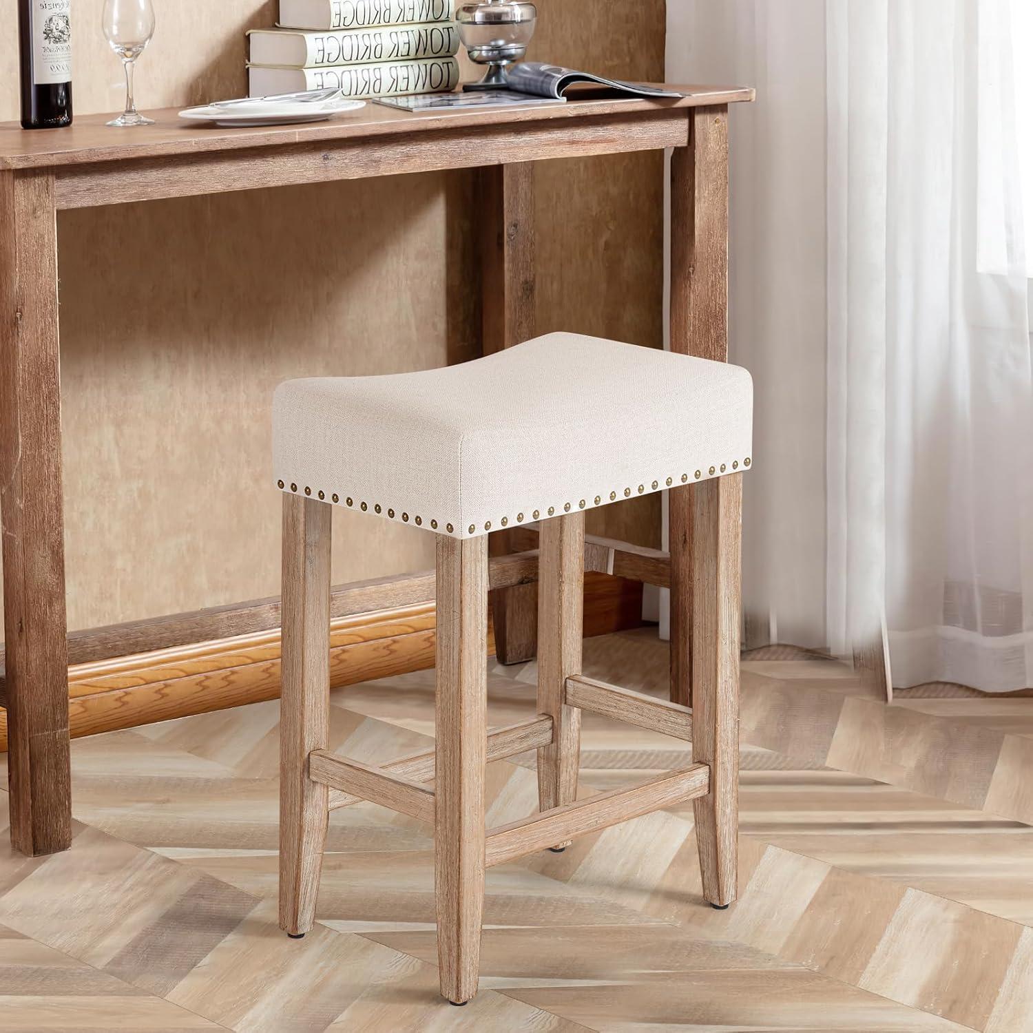 Furniliving 26" Counter Height Bar Stools, Linen Backless Saddle Seat Barstools, Set of 4,Beige