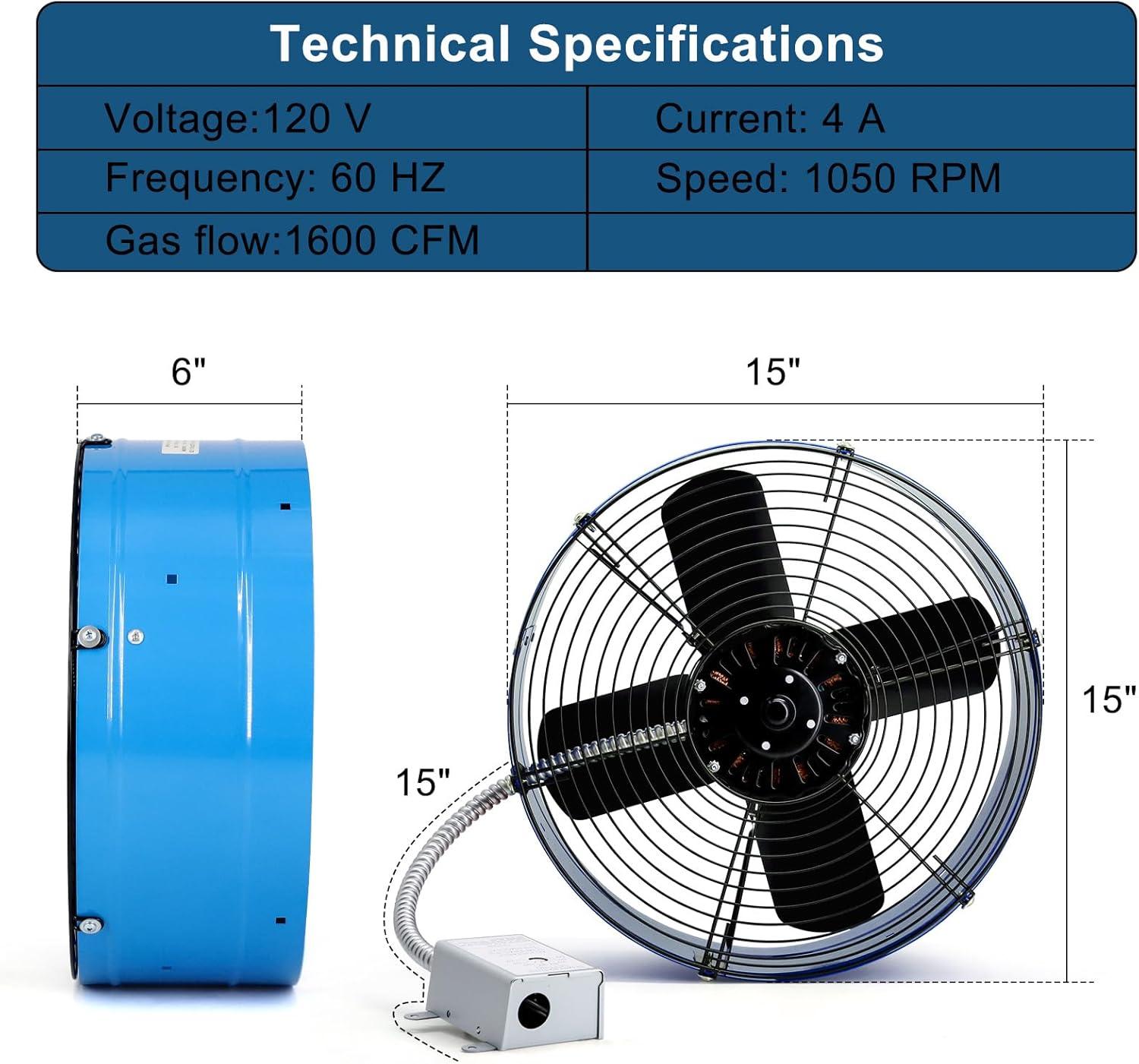 Criditpid 15" Gable Mount Vent Attic Fan, Exhaust Ventilation Fan with Adjustable Thermostat for Gable, Home, Shed, Garage, Portable Building, 3.4A, 1300CFM, 1075RPM, 1850 Sq.Ft Coverage Area.