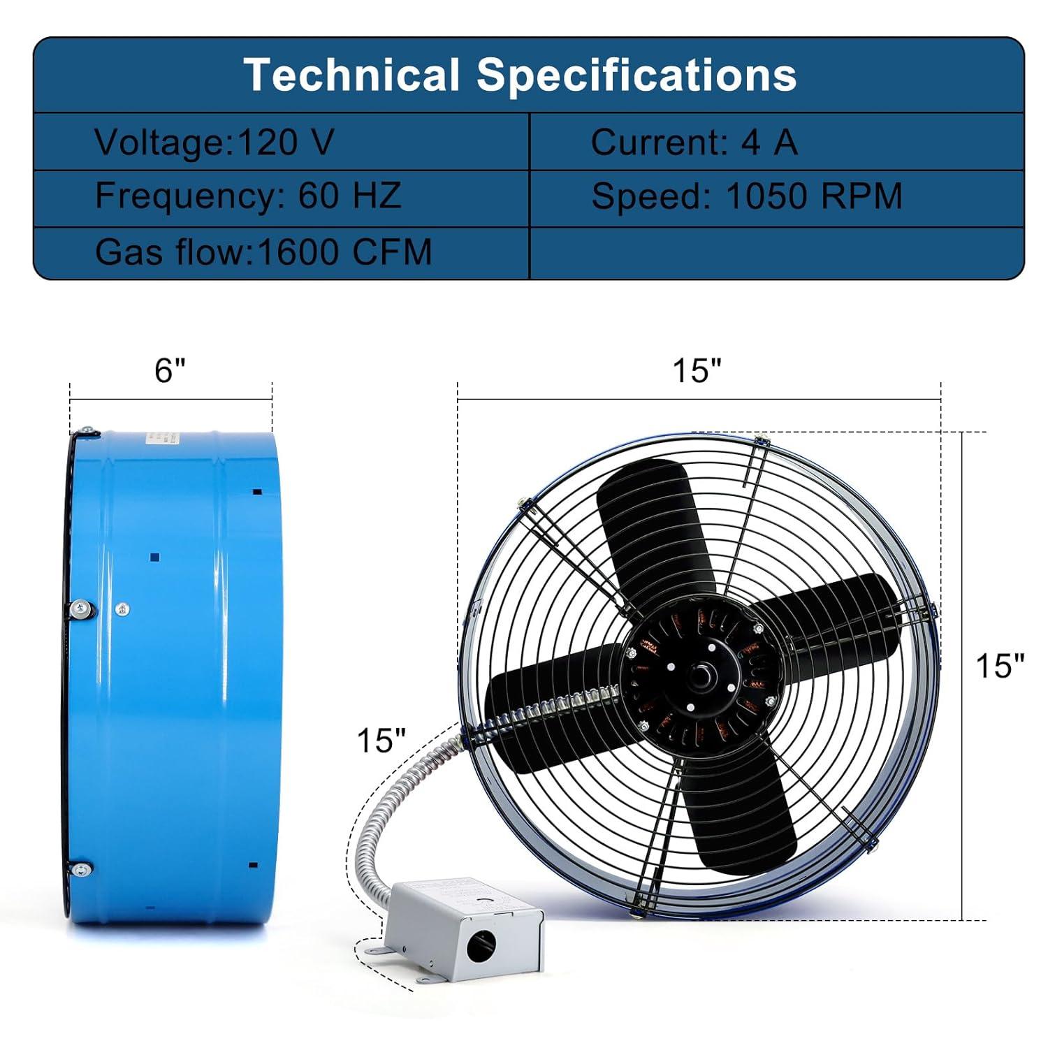 Criditpid 15" Gable Mount Vent Attic Fan, Exhaust Ventilation Fan with Adjustable Thermostat for Gable, Home, Shed, Garage, Portable Building, 3.4A, 1300CFM, 1075RPM, 1850 Sq.Ft Coverage Area.