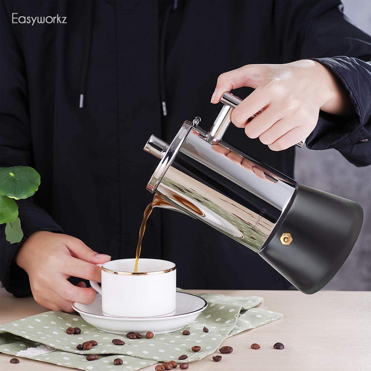 Easyworkz Diego 6 Cup Stovetop Espresso Maker Stainless Steel Italian Coffee Maker Induction Moka Pot Black, 10 oz