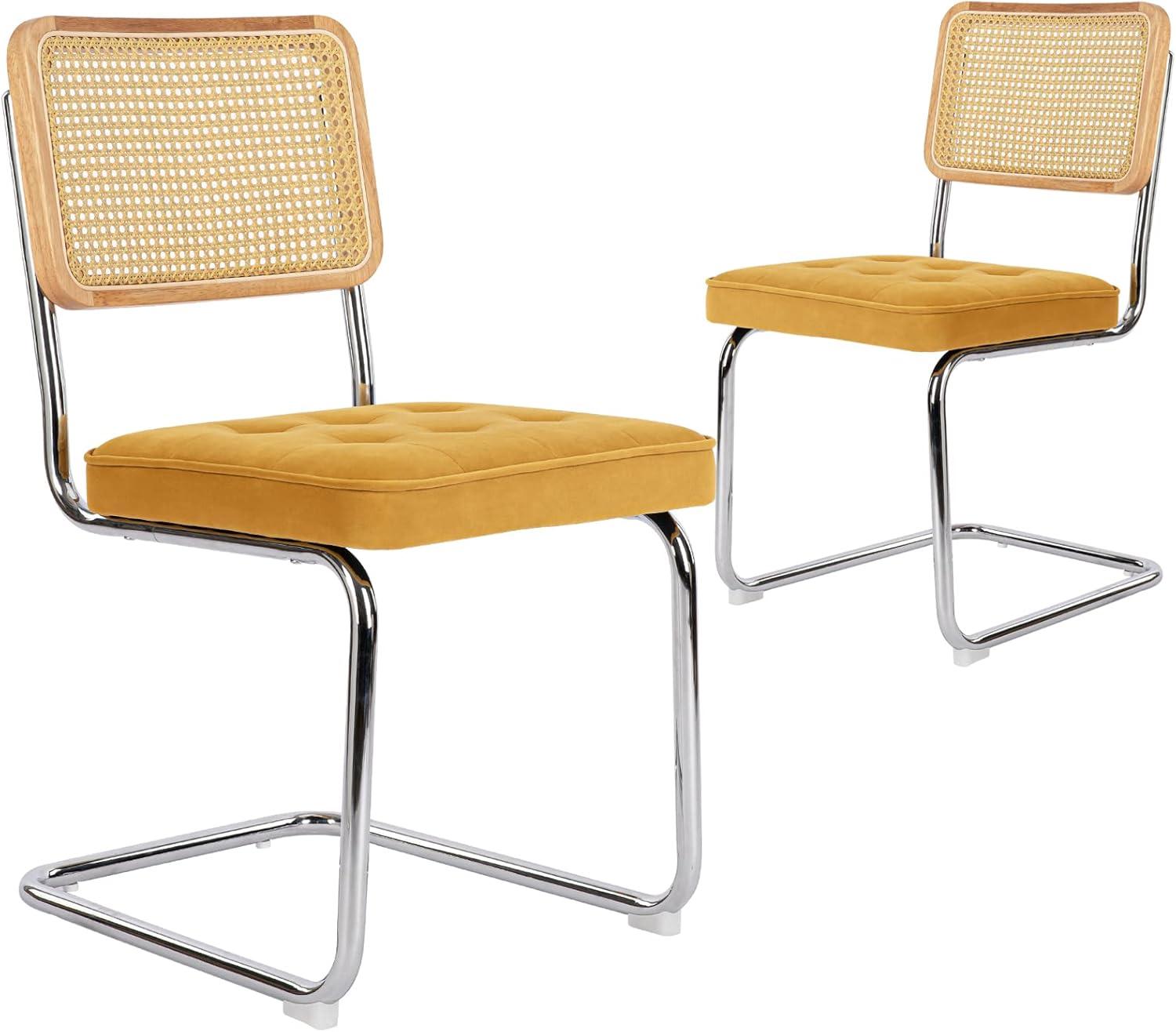 COLAMY Velvet Rattan Dining Chairs Set of 2, Mid Century Modern Dining Room Kitchen Side Chairs with Metal Chrome Legs and Upholstered Seat for Home, Living Room, Bedroom - Yellow