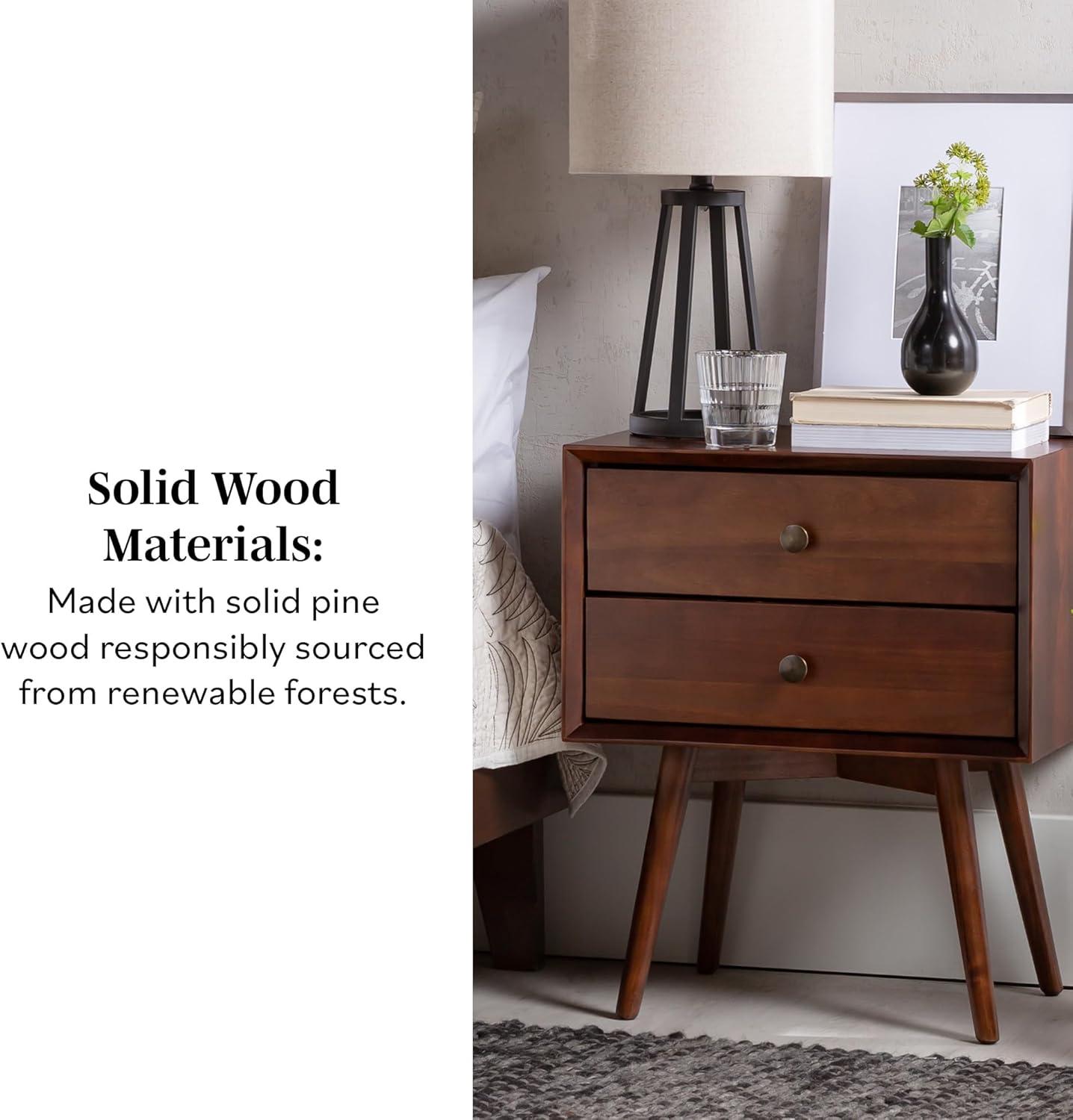 Walnut Pine Wood 2-Drawer Mid-Century Modern Nightstand