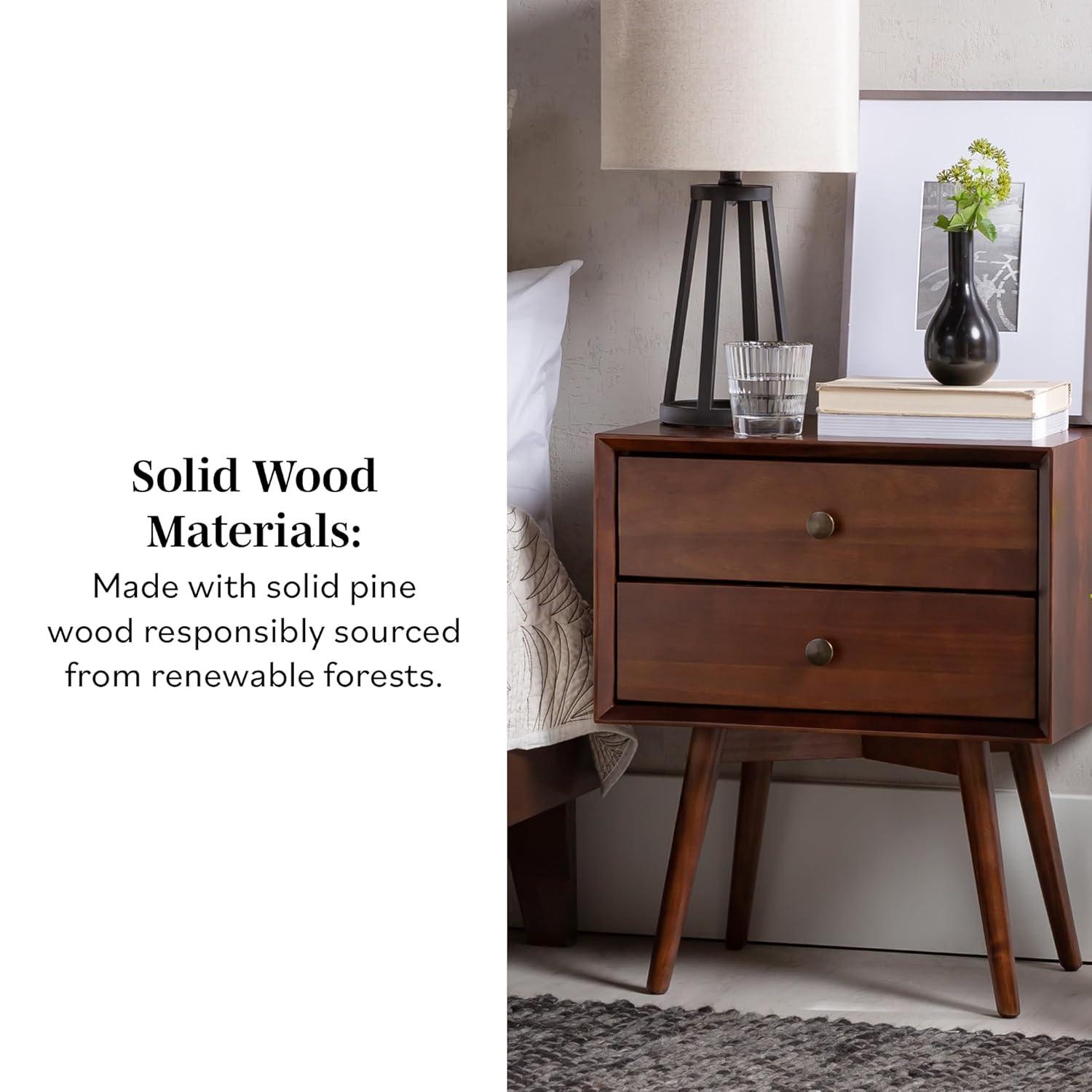 Walnut Pine Wood 2-Drawer Mid-Century Modern Nightstand