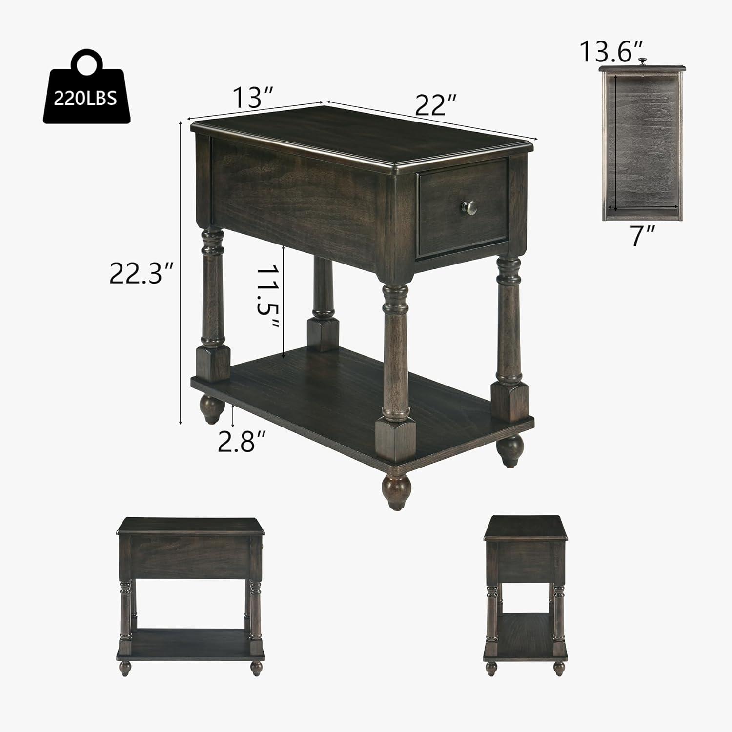 JESONVID Solid Wood Rectangular End Table with Storage, Antique Black