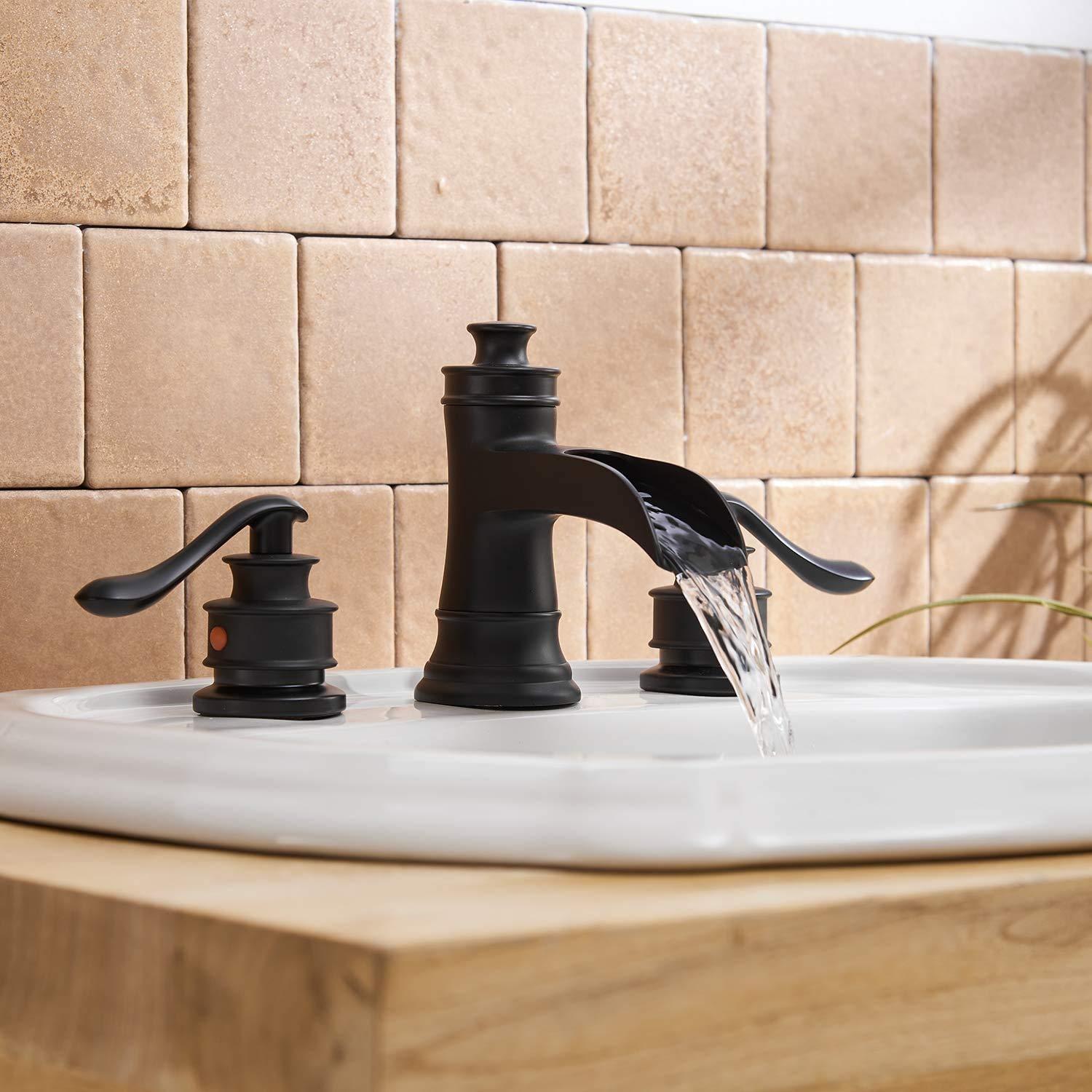 Black Bathroom Faucet Widespread Bathroom Faucets for Sink 3 Hole Matte Black 8 Inch Two Handle Matching Pop Up Drain Stopper Waterfall Farmhouse Lavatory Water Supply Line by Bathfinesse