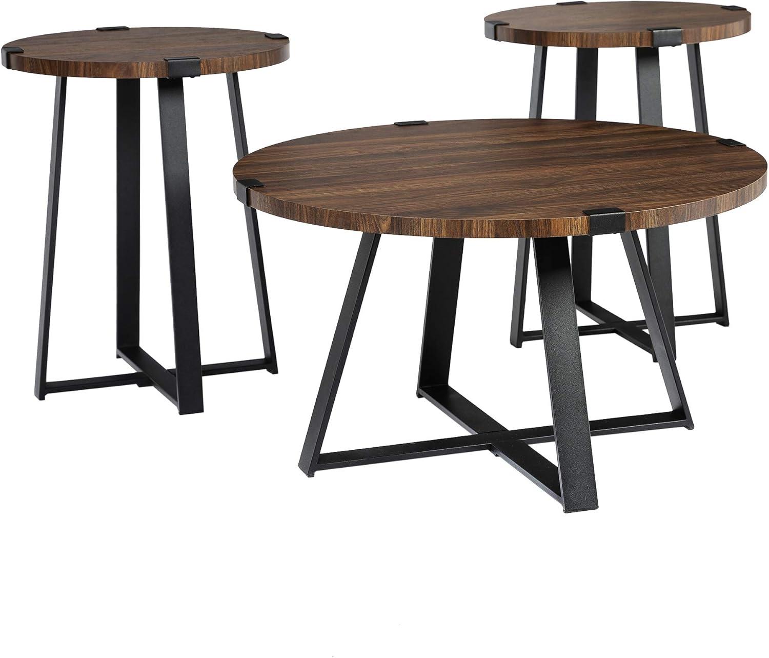 Walker Edison 3 Piece Industrial Wrap Leg Accent Table Set, Dark Walnut