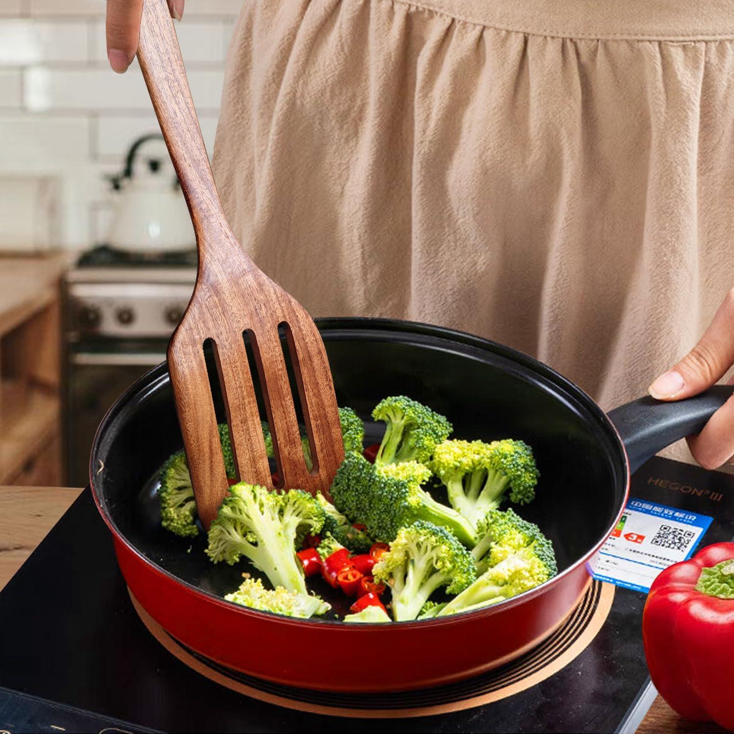 Sandistore Plate Mates Set 7PCS Wooden Cooking Utensils Kitchen Utensil Natural Teak Wood Kitchen Utensils Tool Nonstick Hard Wooden Spatula And Wooden Spoons