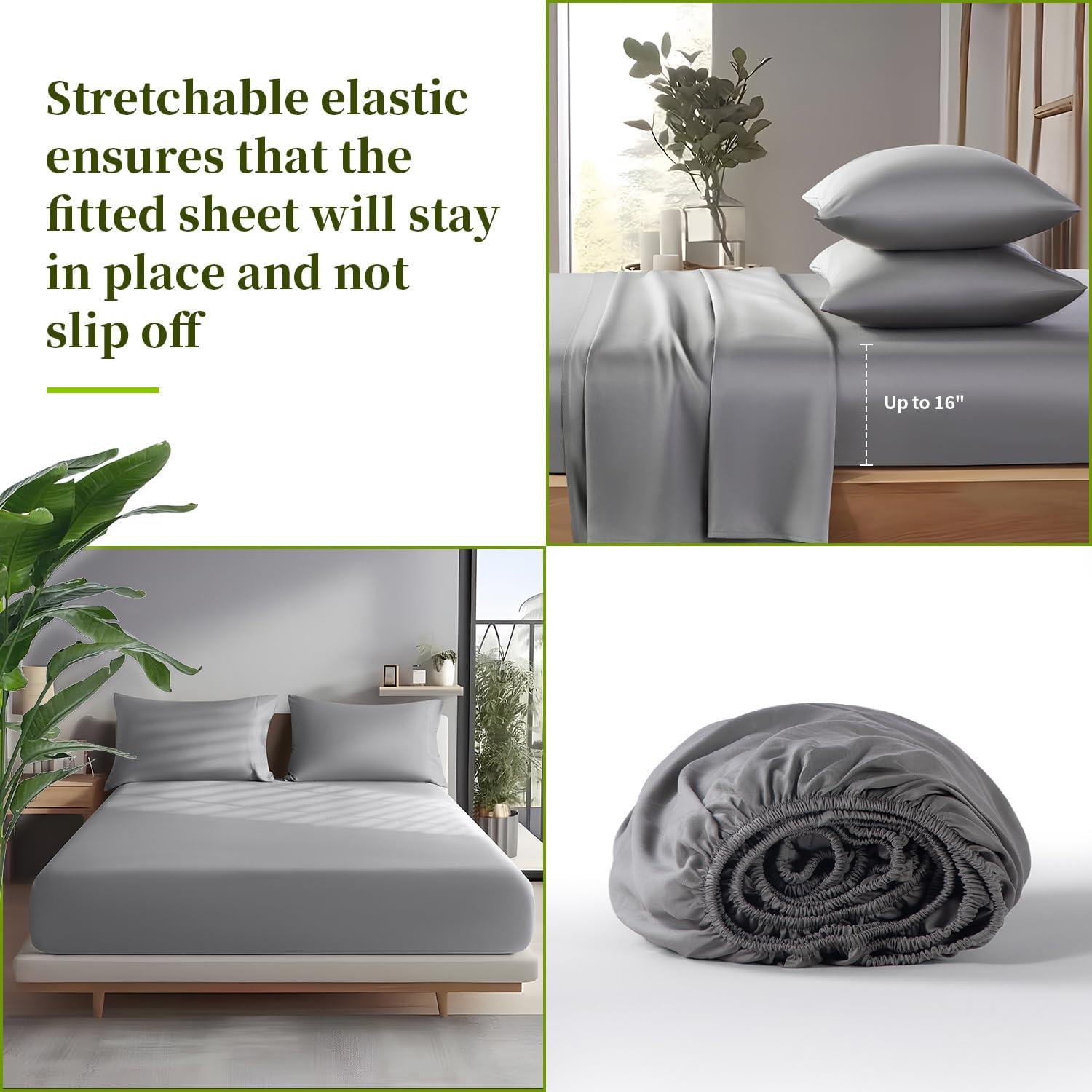 Shilucheng 100% Organic Cooling Bamboo Bed Sheets, King Sheet Sets 4 PC, 1800 Series Sheets with 16" Deep Pocket, Gray